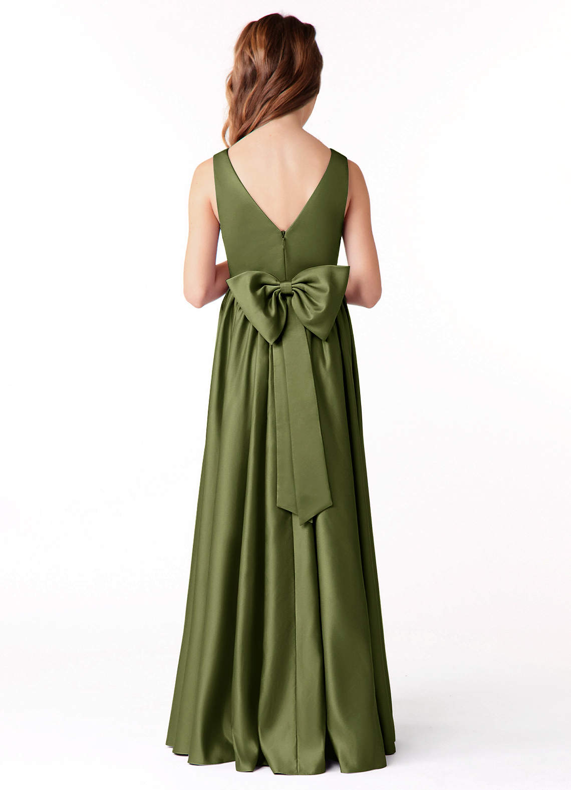 Azazie Hathaway Junior Olive A-Line Bow Stretch Satin Dress image1