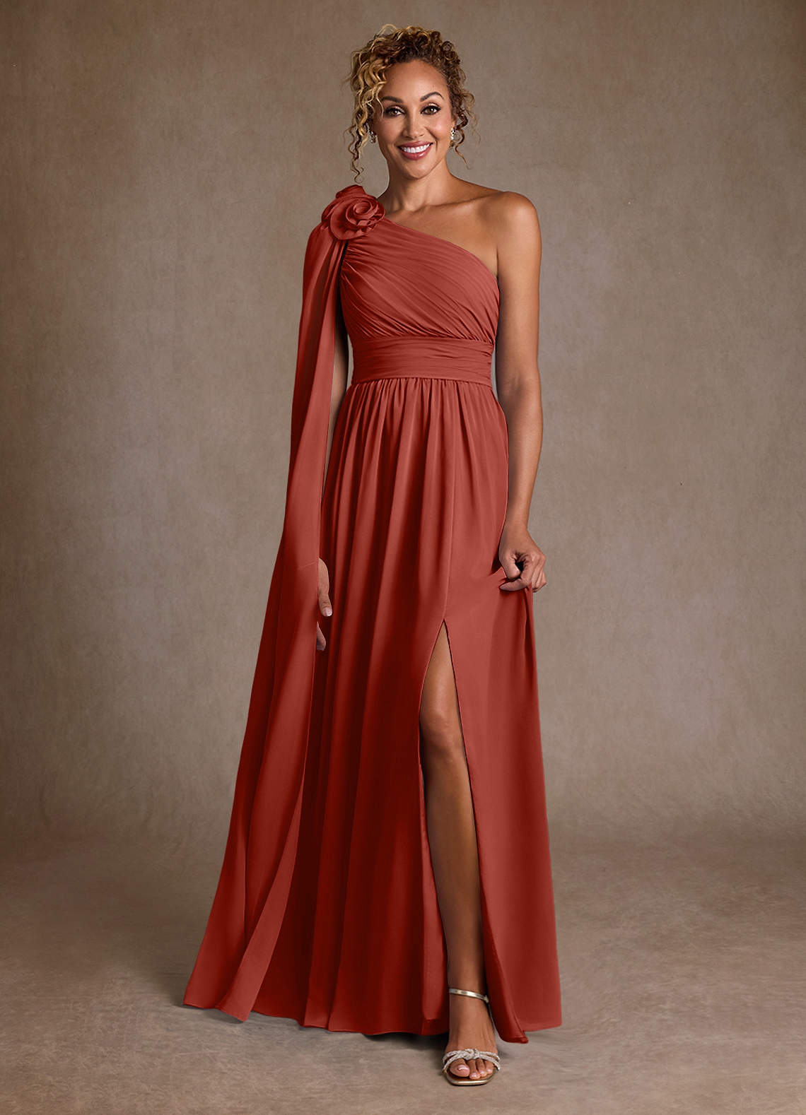 Azazie Lancaster Mother of the Bride Dresses Terracotta A-Line One Shoulder Chiffon Dress image1