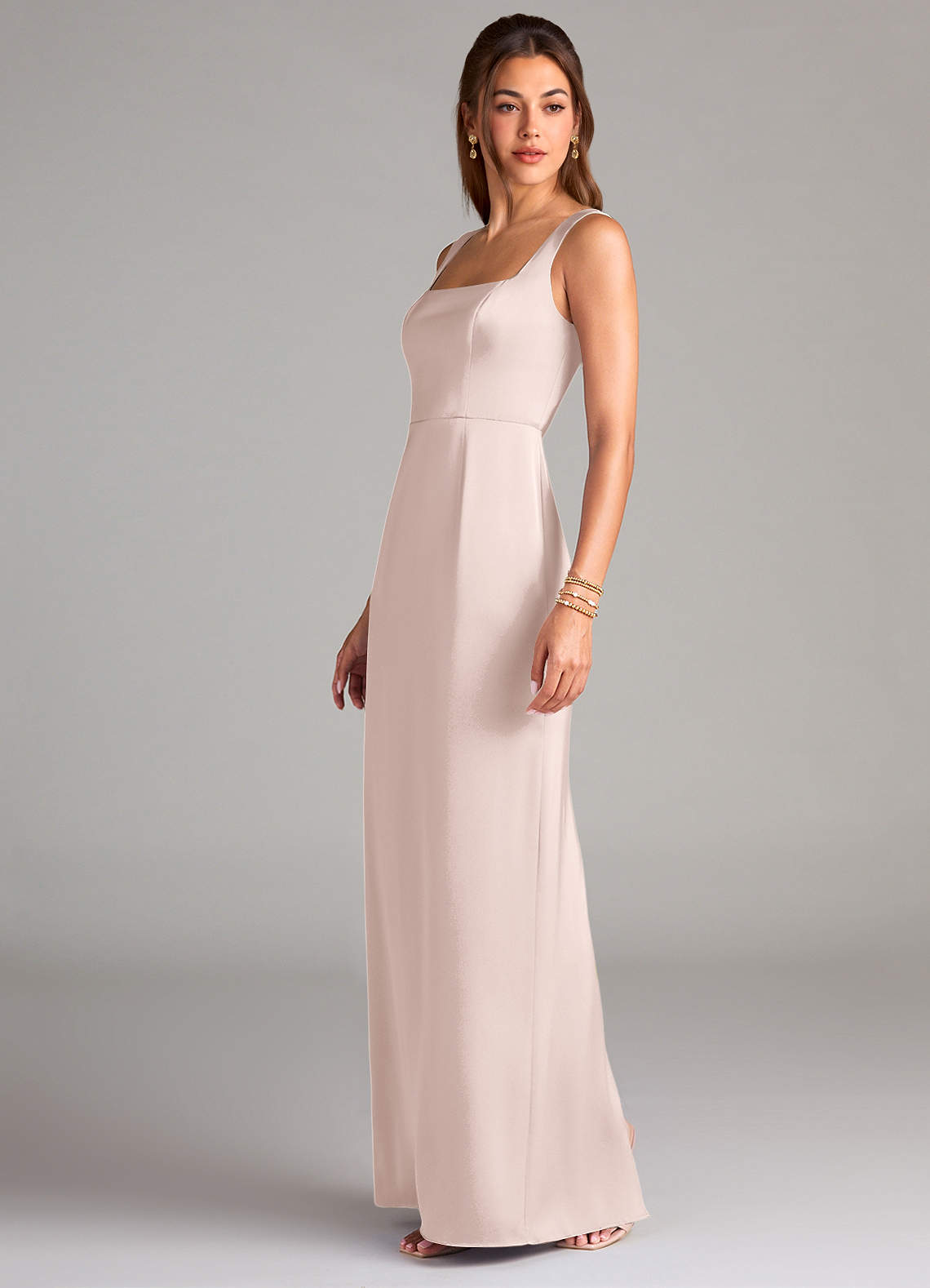 Azazie Flori Bridesmaid Dresses Blushing Pink Sheath Side Slit Stretch Satin Dress image3