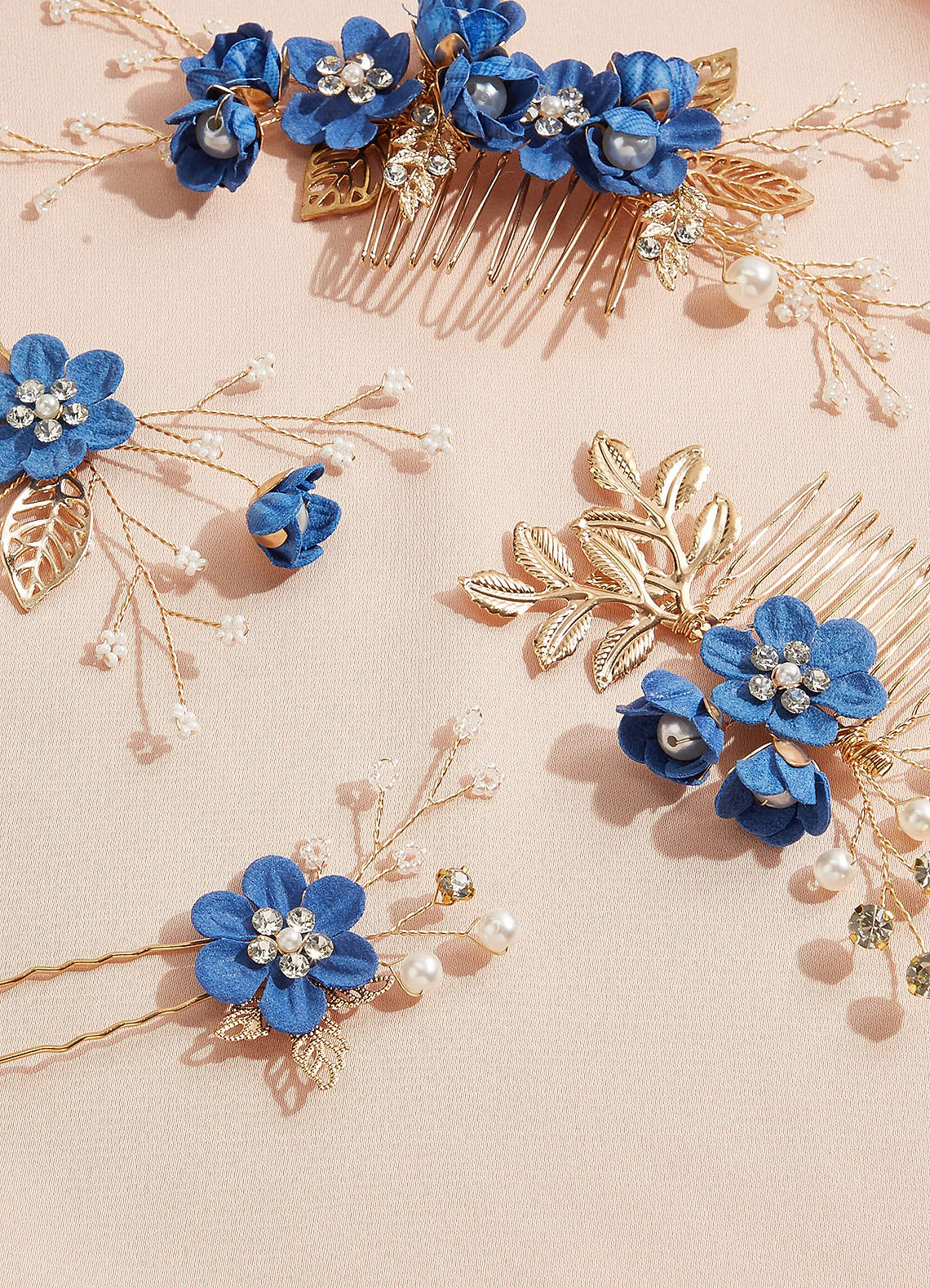 front Blue Floral Hair Comb Set