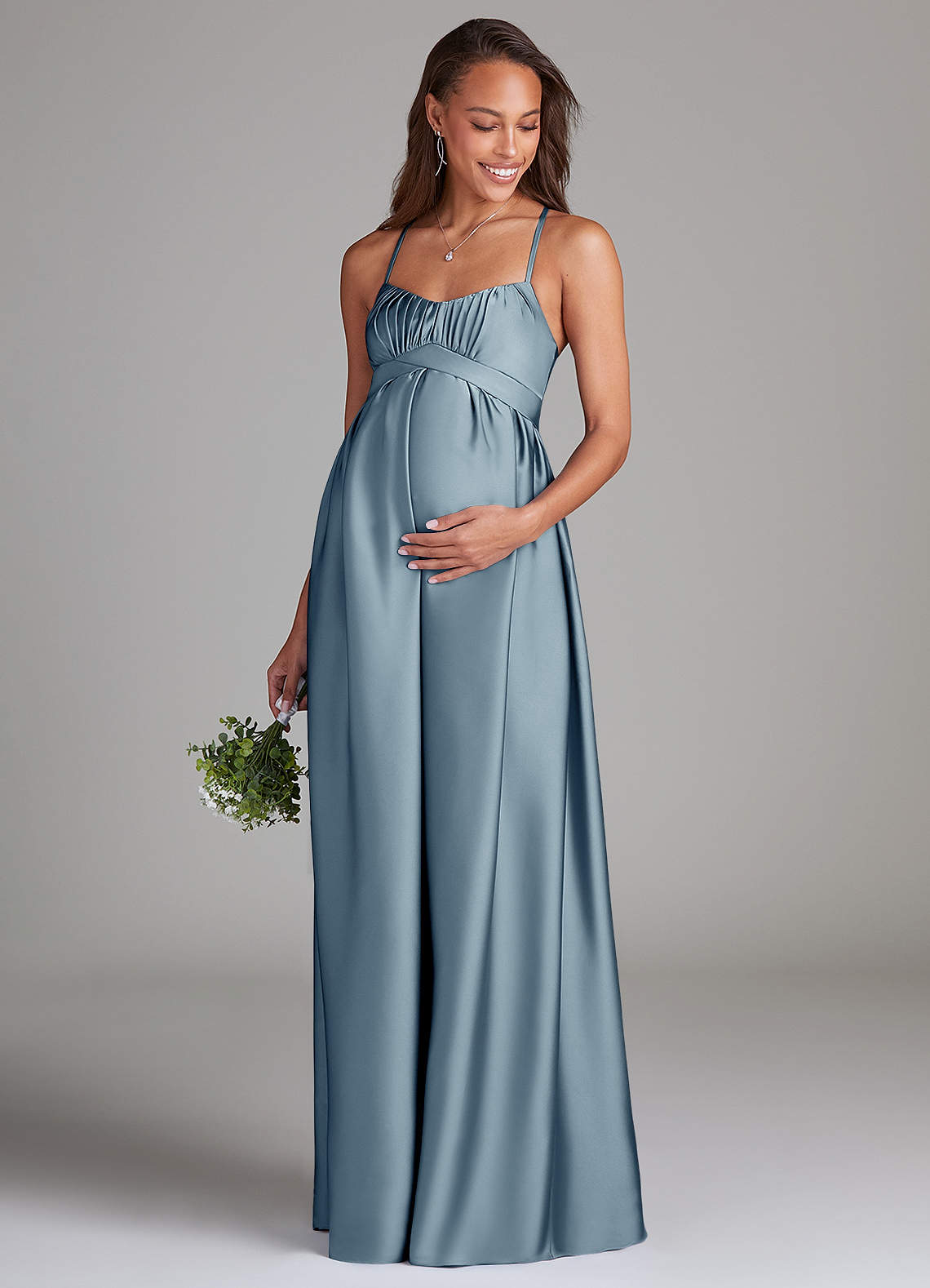 Azazie Llana At-home Try On Dresses A-Line Stretch Satin Floor-Length Dress with Pockets image1