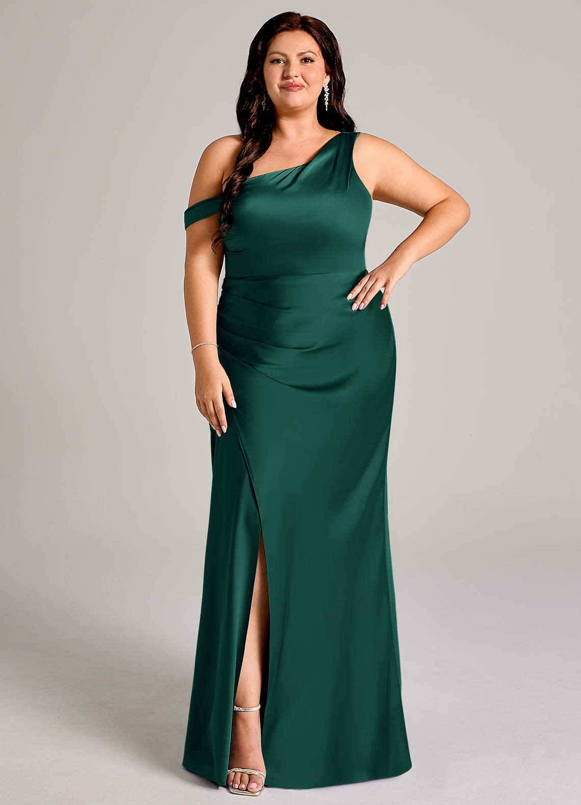 Azazie Madelyn Bridesmaid Dresses Emerald Mermaid One Shoulder Stretch Satin Convertible Dress image1