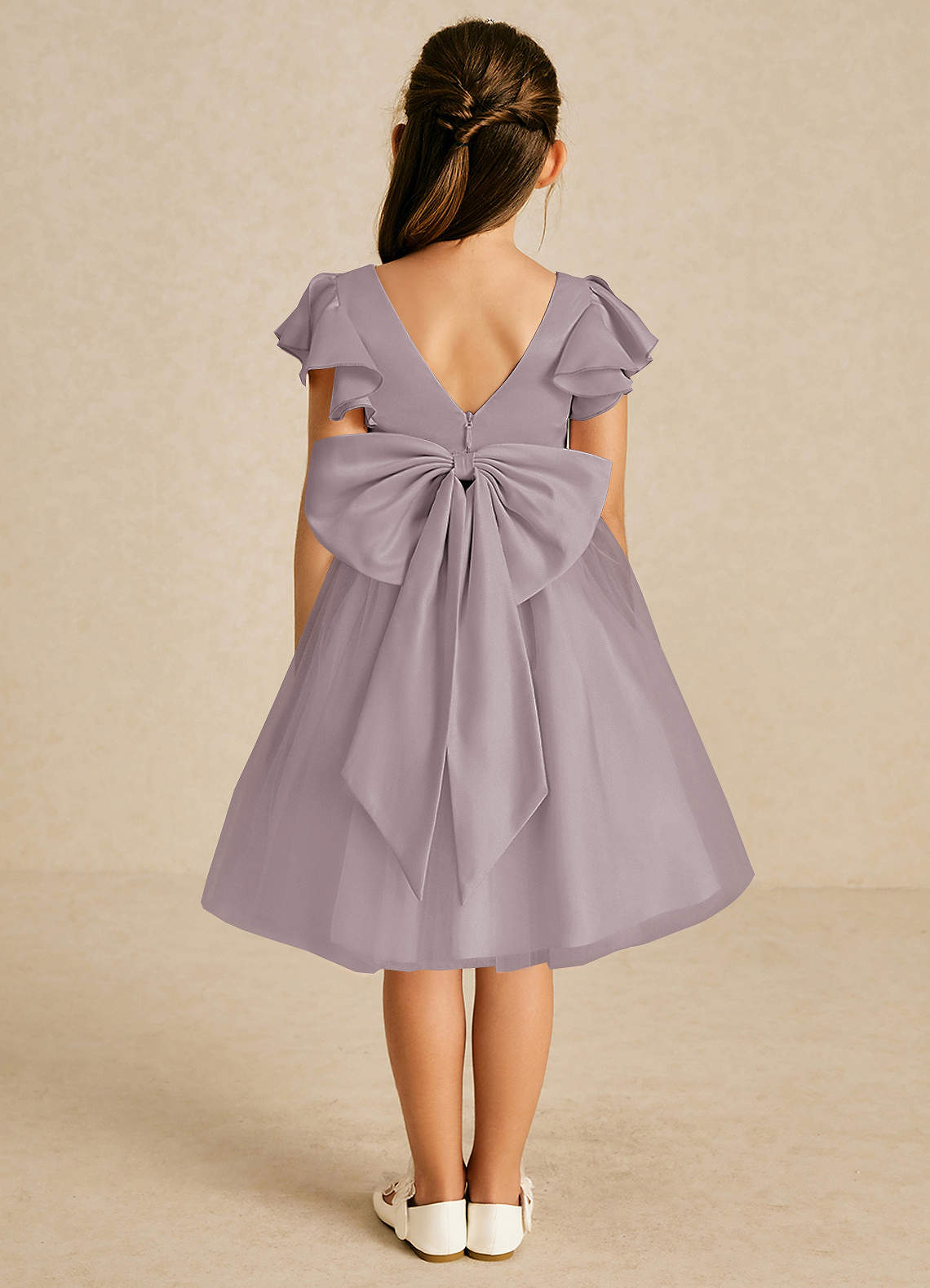 Azazie Kaeya Robe Demoiselle D'honneur Fillette Robe Trapèze en Tulle Arc Crépuscule image1