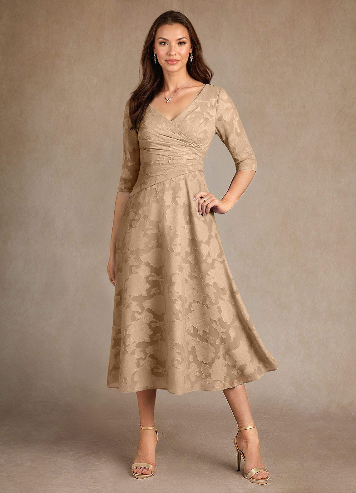 Azazie Durant Mother of the Bride Dresses Champagne A-Line Pleated Floral Burnout Dress image3