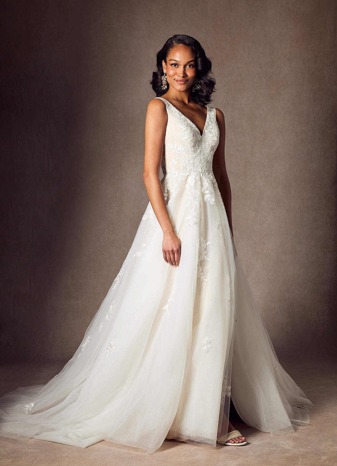 Azazie Joie Diamond White Champagne A-Line V-Neck Sequins Tulle