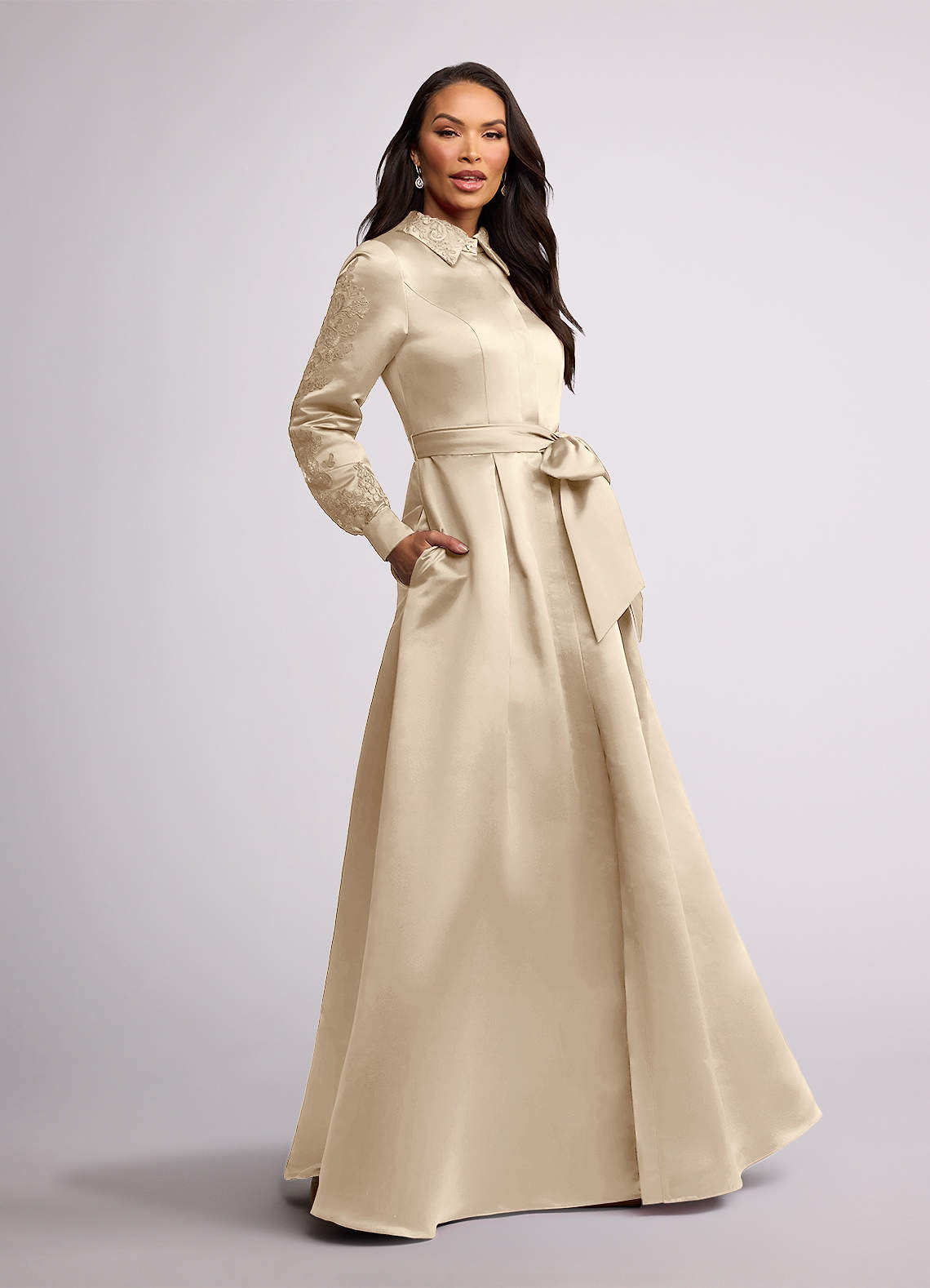Azazie Ruth Mother of the Bride Dresses Champagne A-Line Lace Matte Satin Dress image1