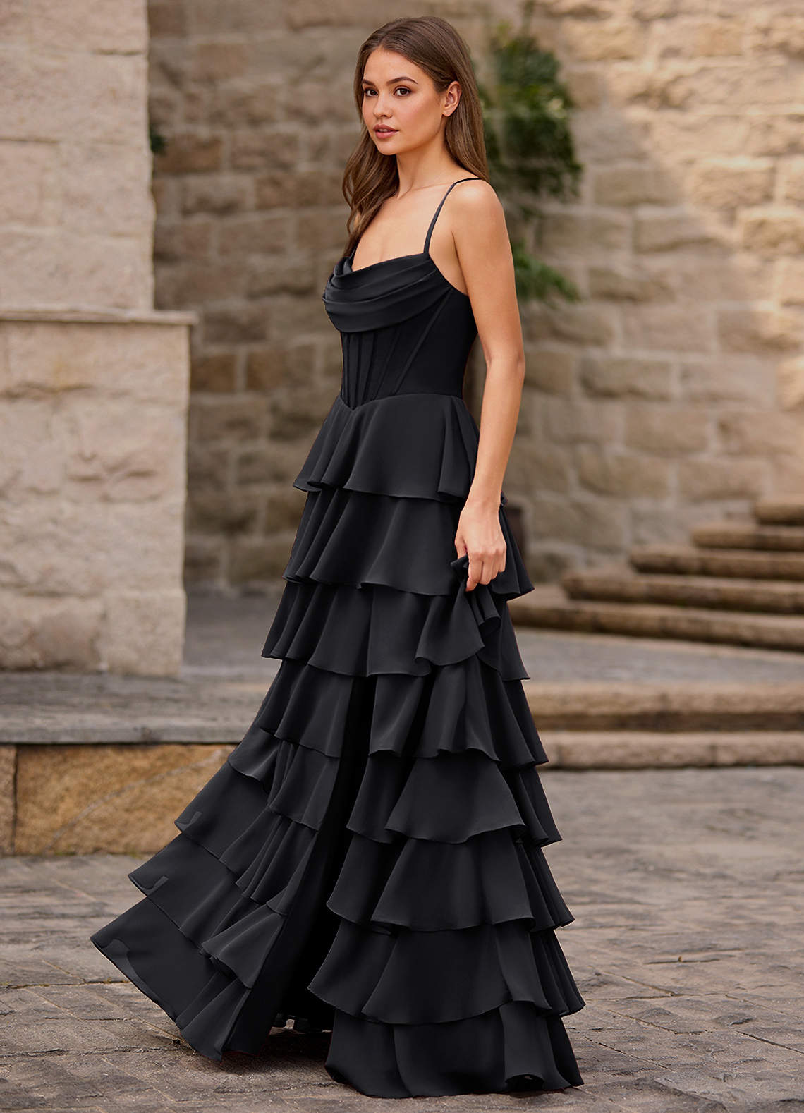 Rhythm Schwarz A-Linien-Ballkleid mit Rüschen image1