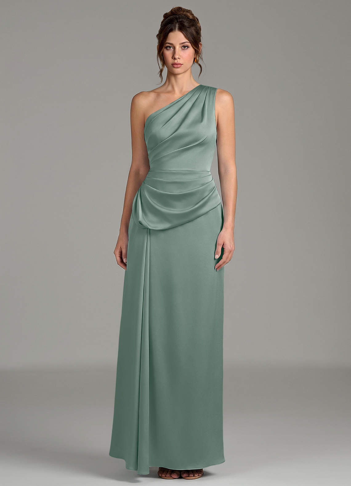 silver sage bridesmaid dresses Azazie Sheath One-Shoulder Floor-Length Stretch Satin Bridesmaid Dresses