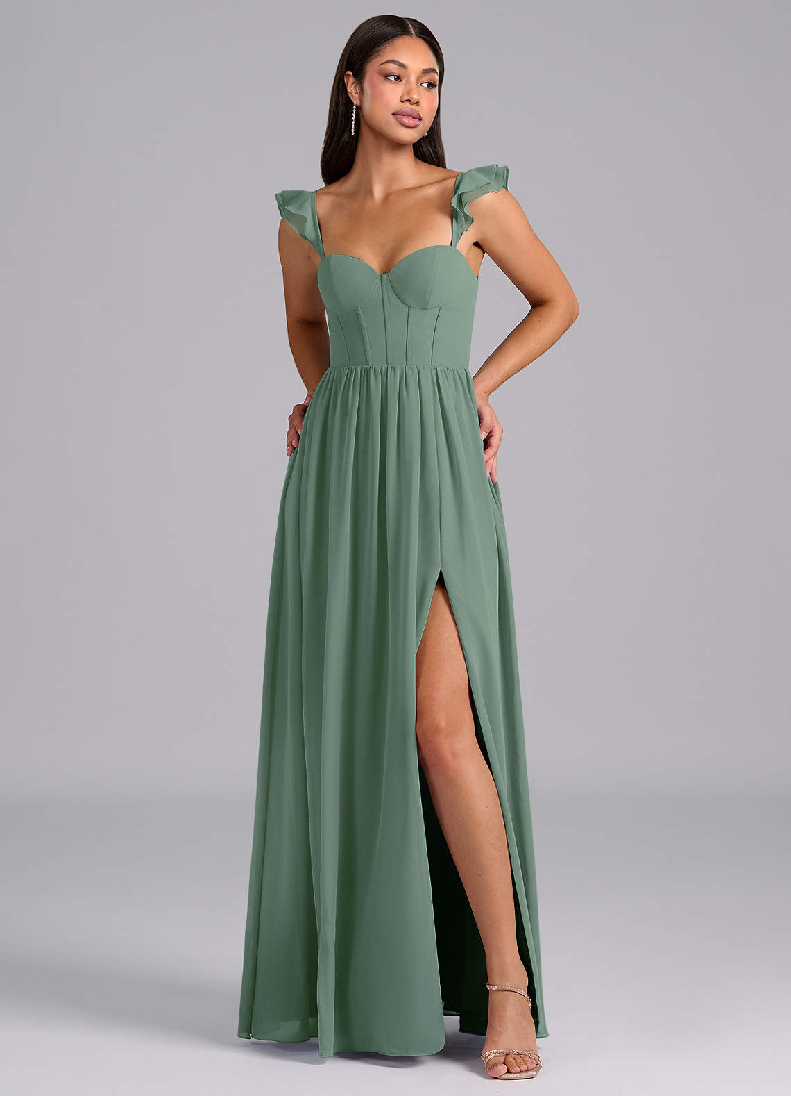 Azazie Denisse Abiti da Damigella Abito A-Line in Chiffon Increspato Eucalipto image1