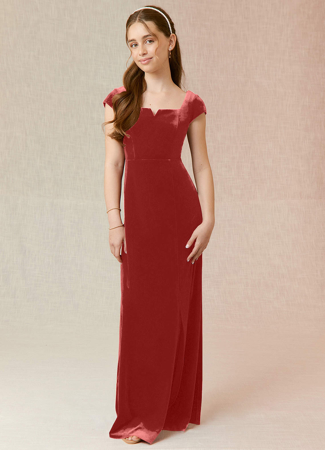 Azazie Gabi Junior Terracotta A-Line Velvet Dress image1