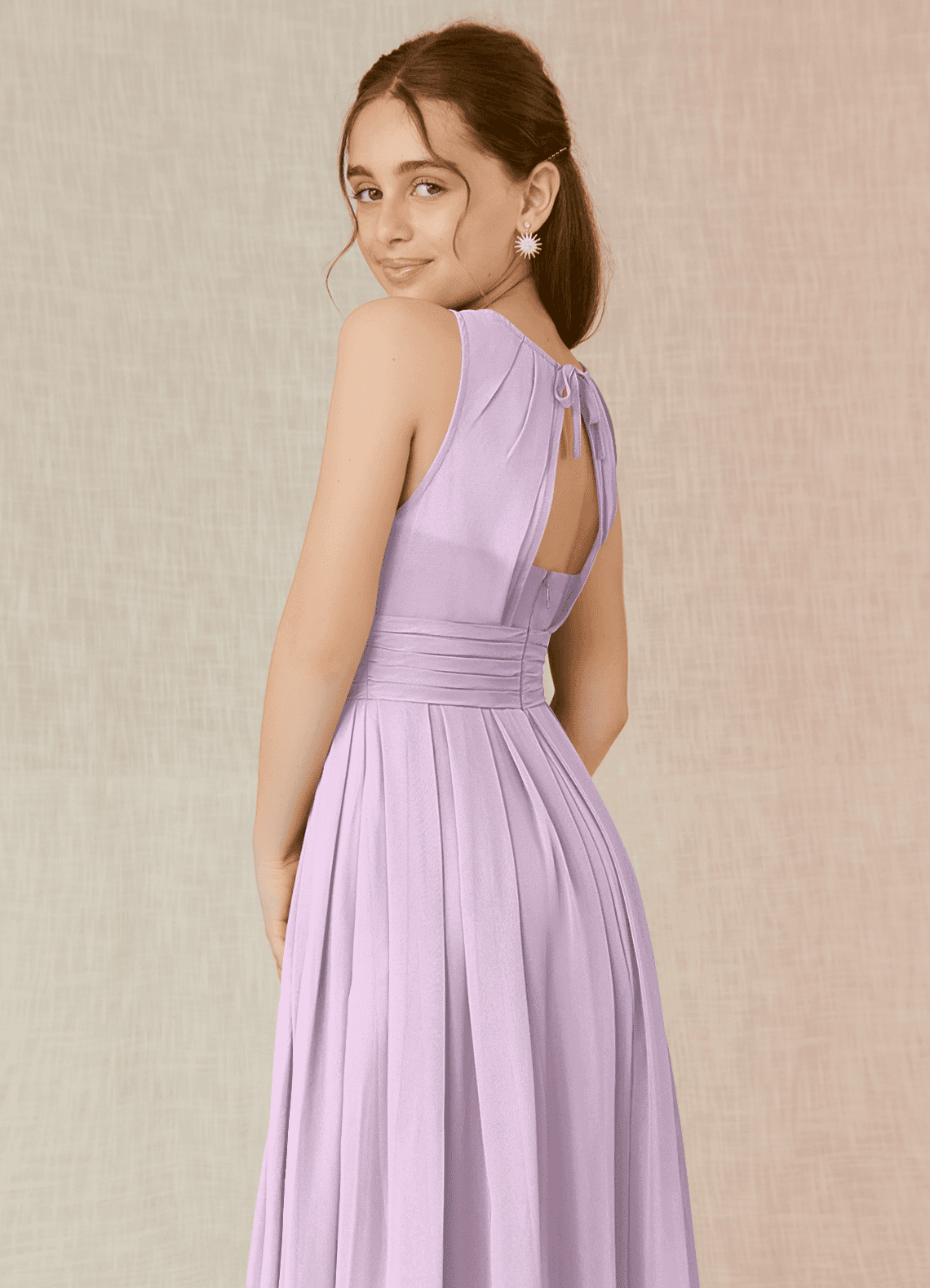 Azazie Bibiane Junior Abito A-Line in Chiffon Plissettato Lilla Glassato image7