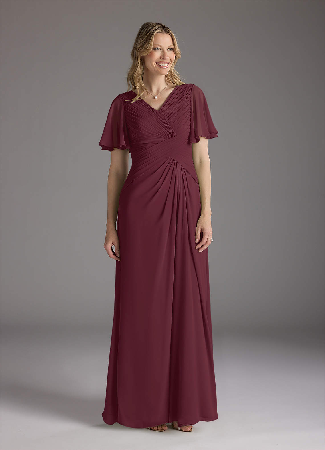 Azazie Morning Glory Mother of the Bride Dresses Cabernet A-Line V-Neck Ruched Chiffon Dress image1