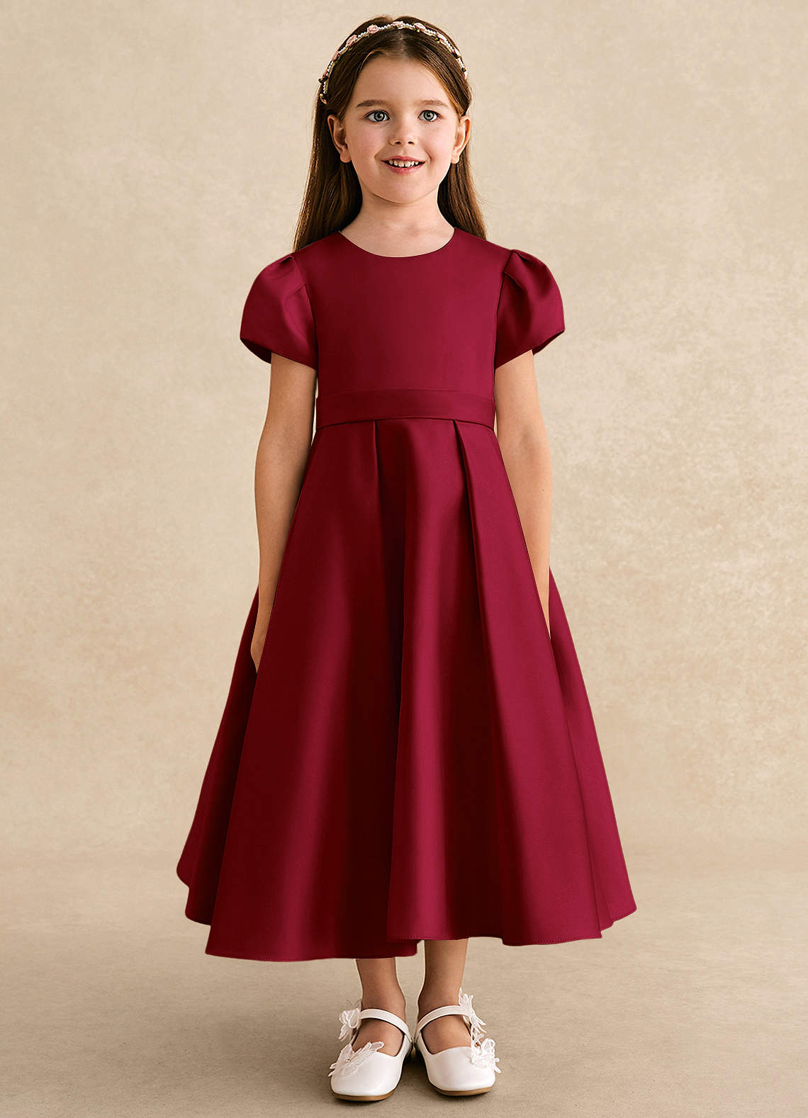 Azazie Princess Flower Girl Dresses Burgundy A-Line Pleated Matte Satin Dress image4