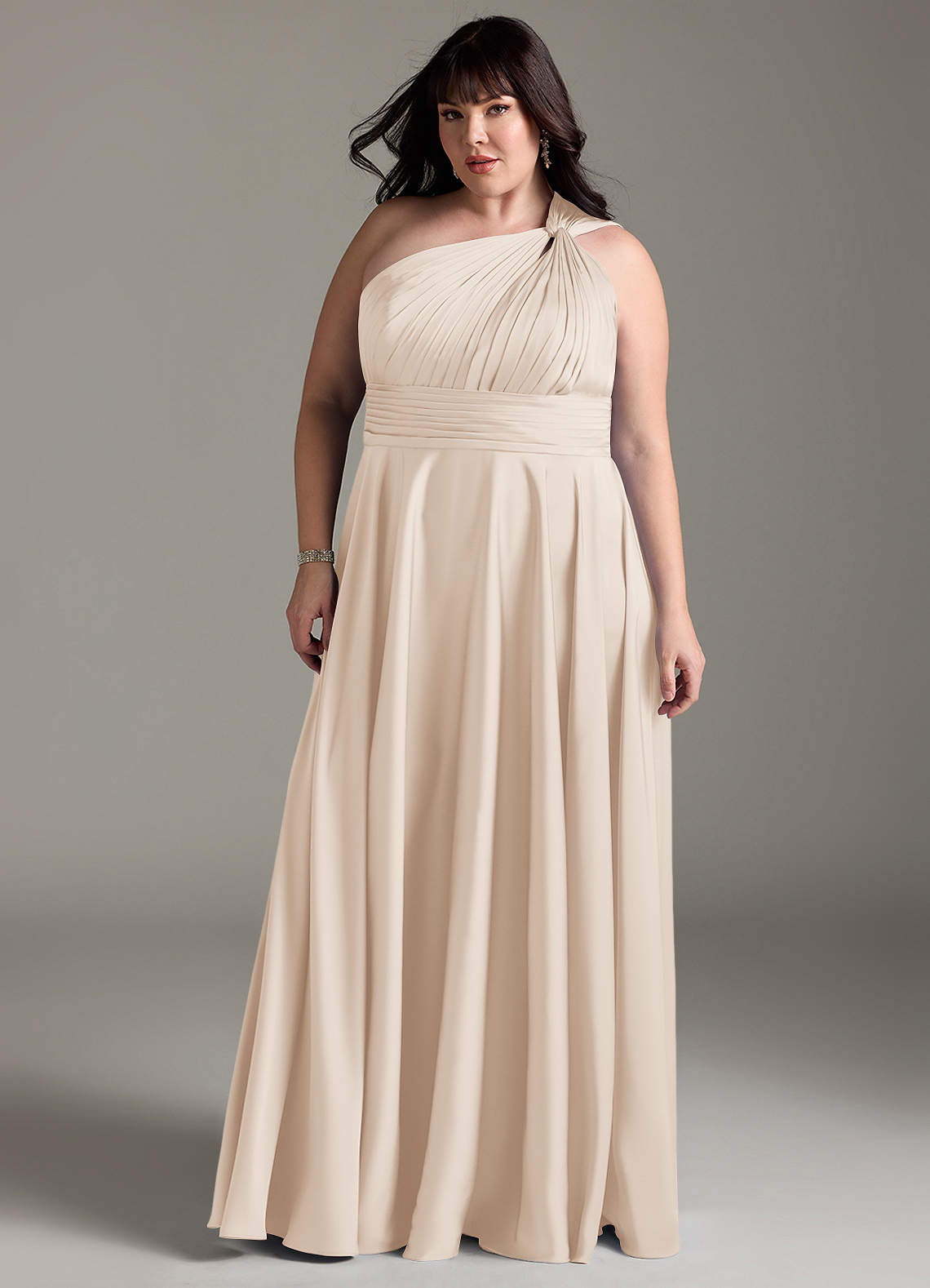 Azazie Charlize Vestidos de damas de honor Vestido de Alabastro Blanco de Satén Elástico de Corte en A con Hombro unilateral image12