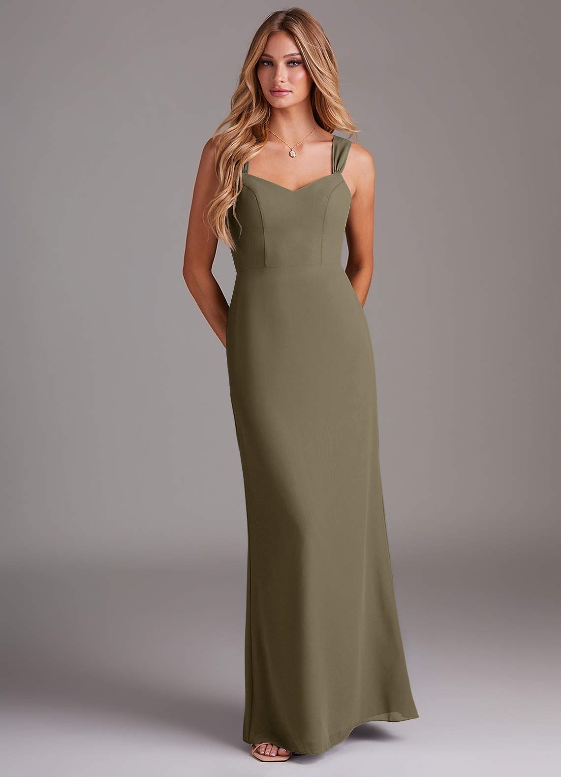 Azazie Denice Bridesmaid Dresses Willow Green Sheath Pleated Chiffon Dress image1