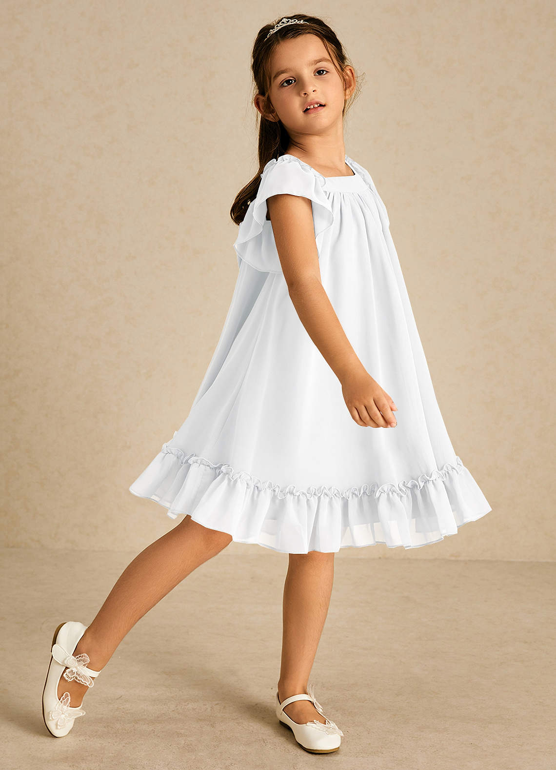 Azazie Tot Robe Demoiselle D'honneur Fillette Robe Trapèze en Mousseline de soie avec manches Blanc image1