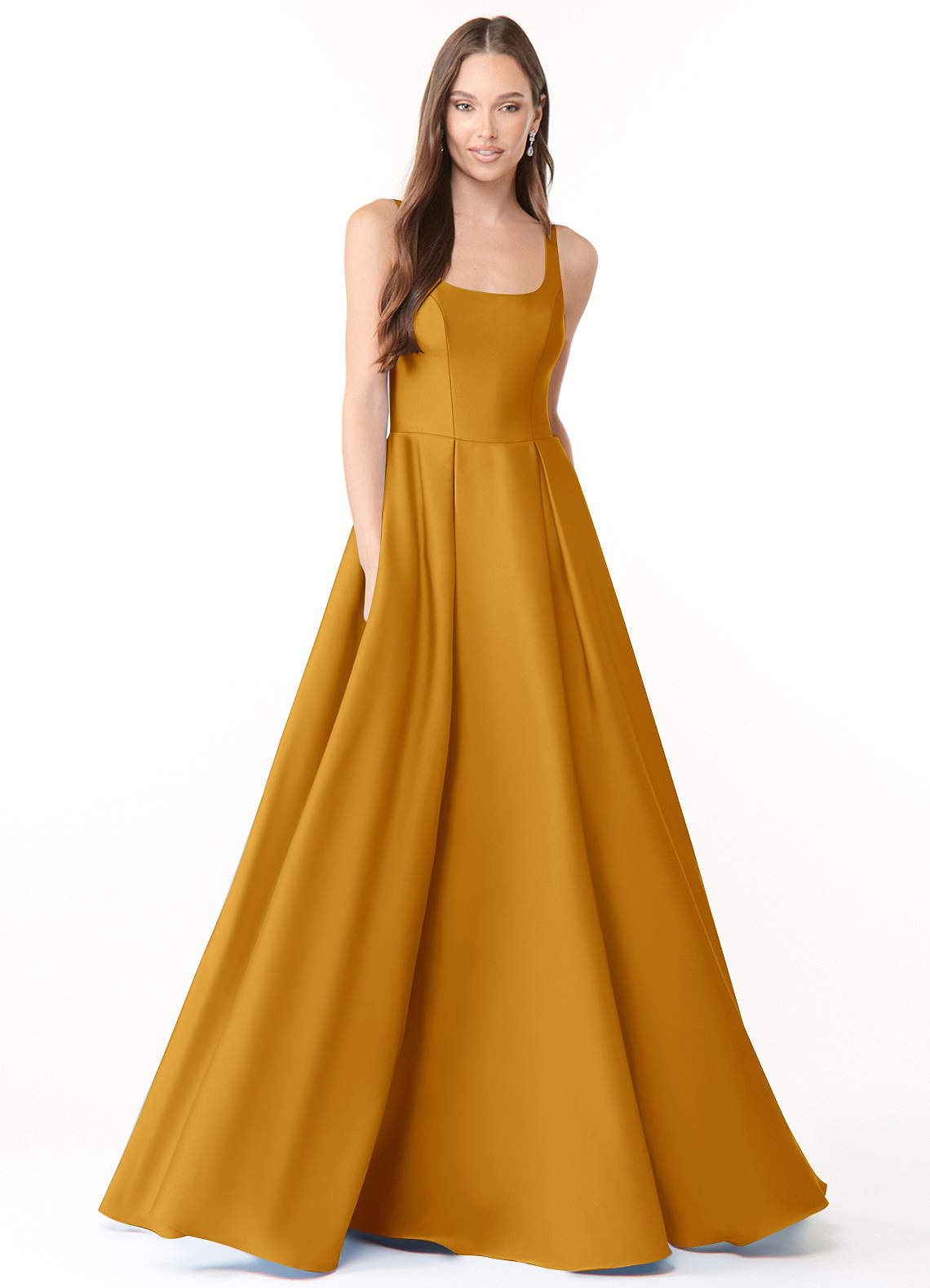Azazie Neve Vestidos de damas de honor Vestido de Caramelo de Satén Elástico de Corte Princesa con Con bolsillos image1