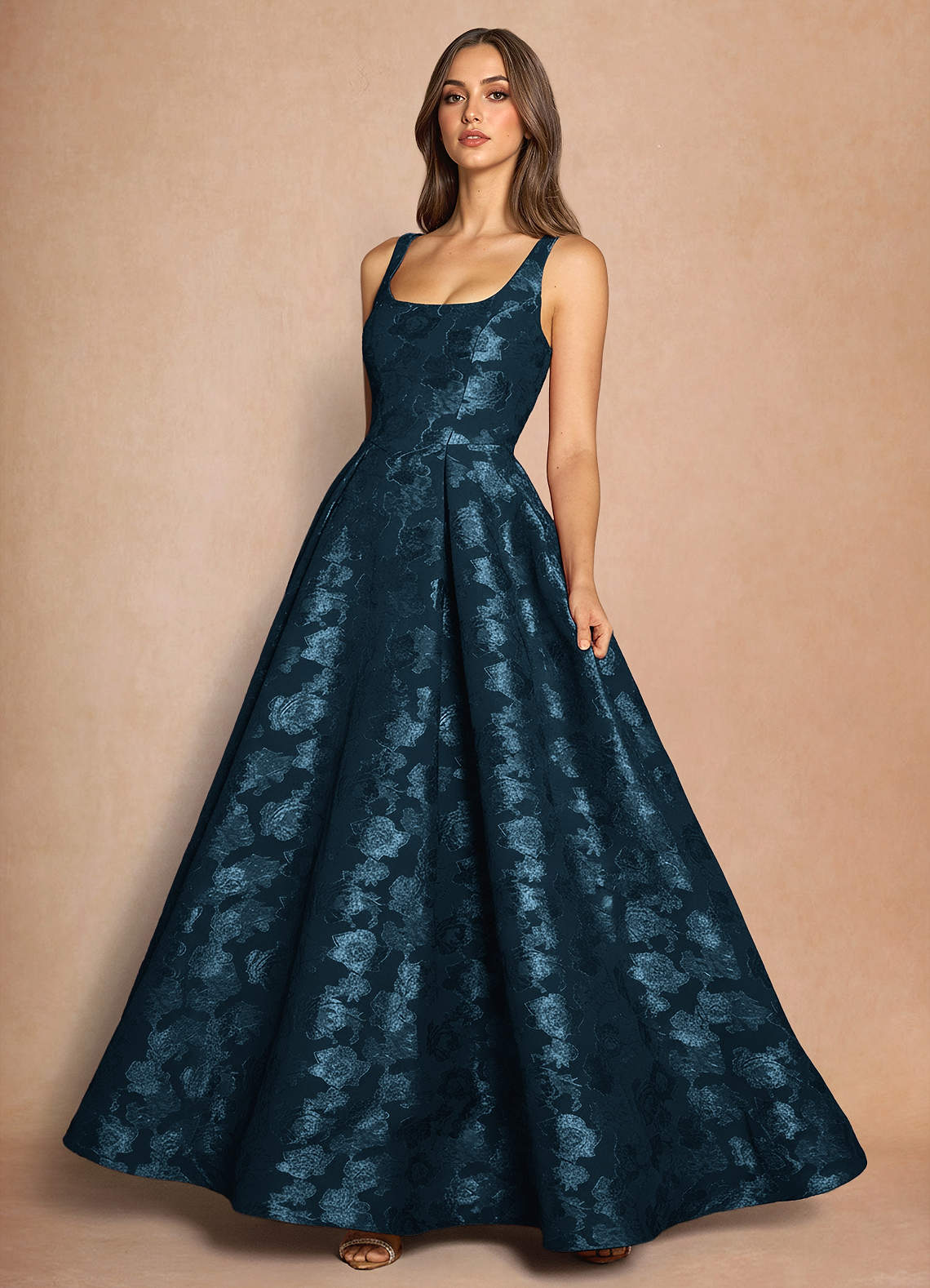 Azazie Plus Size Square Ball Gowns Floor-Length Wedding Guest Formal Dresses In Navy