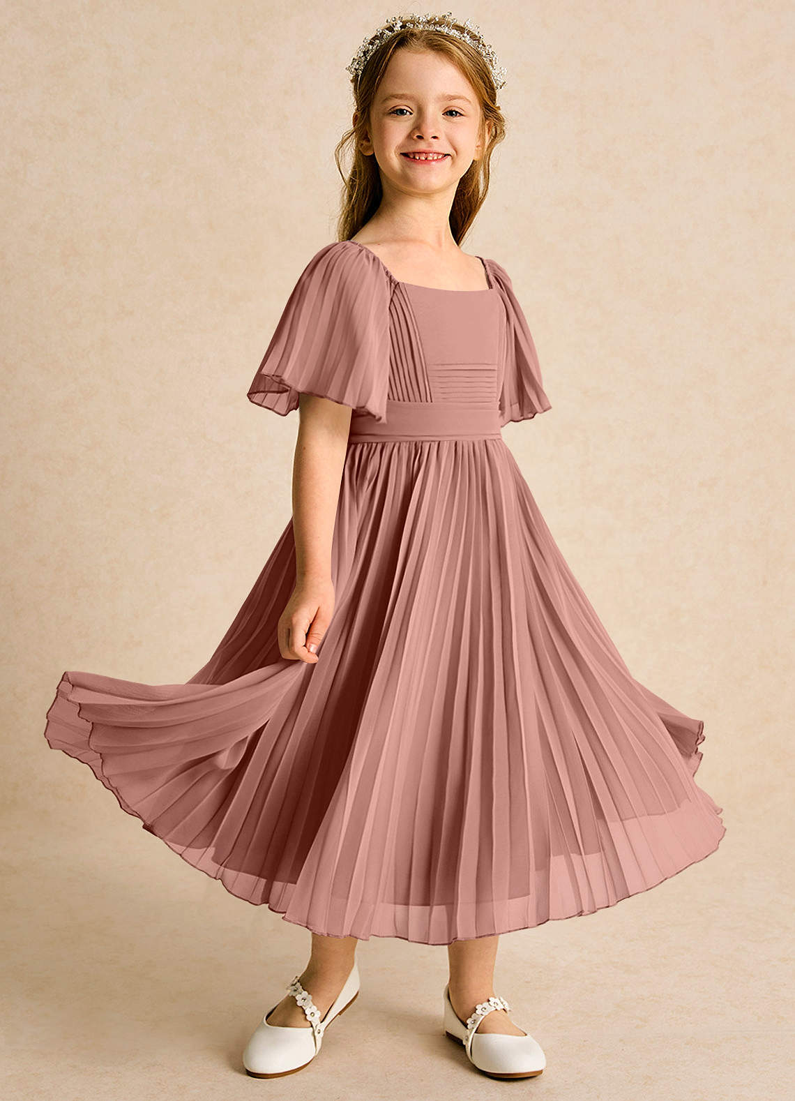 Azazie Gisele Abiti da Ragazza di Fiori Abito A-Line in Chiffon Plissettato Cedro Rosa image1