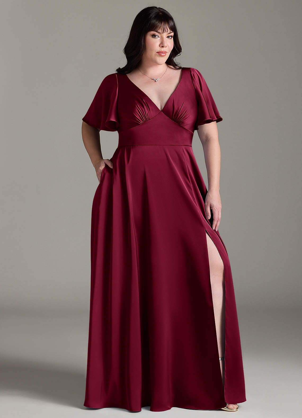 Azazie Kimber Bridesmaid Dresses Burgundy A-Line Ruched Stretch Satin Dress image8