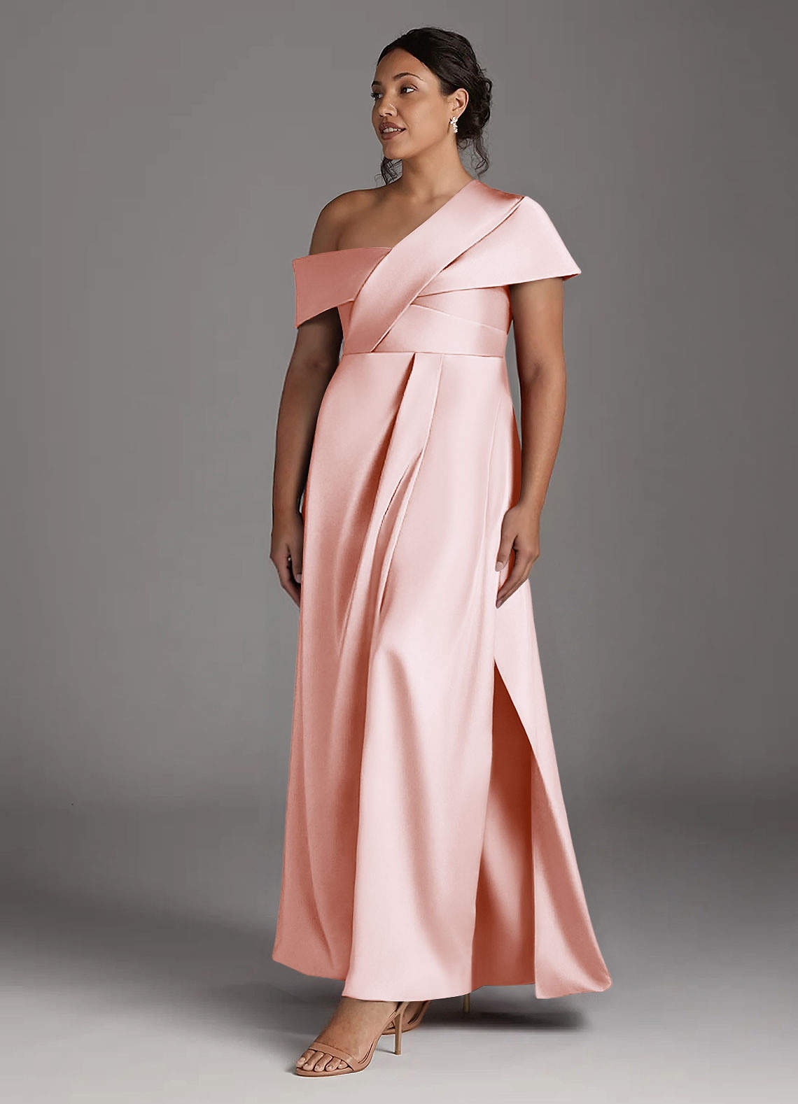 Azazie Milton Mother of the Bride Dresses Blushing Pink A-Line Pleated Stretch Satin Dress image10