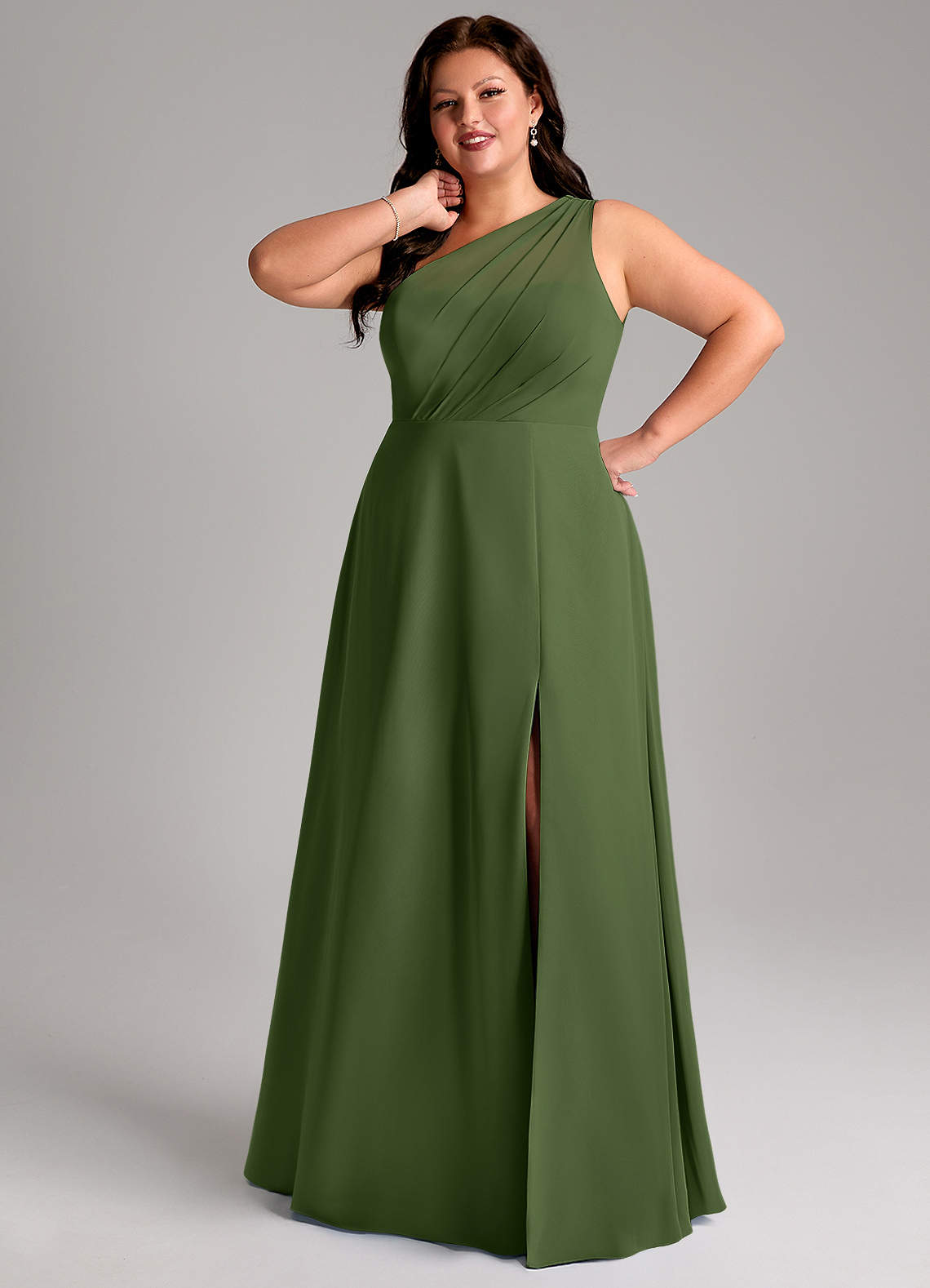Azazie Phaedra Bridesmaid Dresses Olive A-Line One Shoulder Chiffon Dress image12