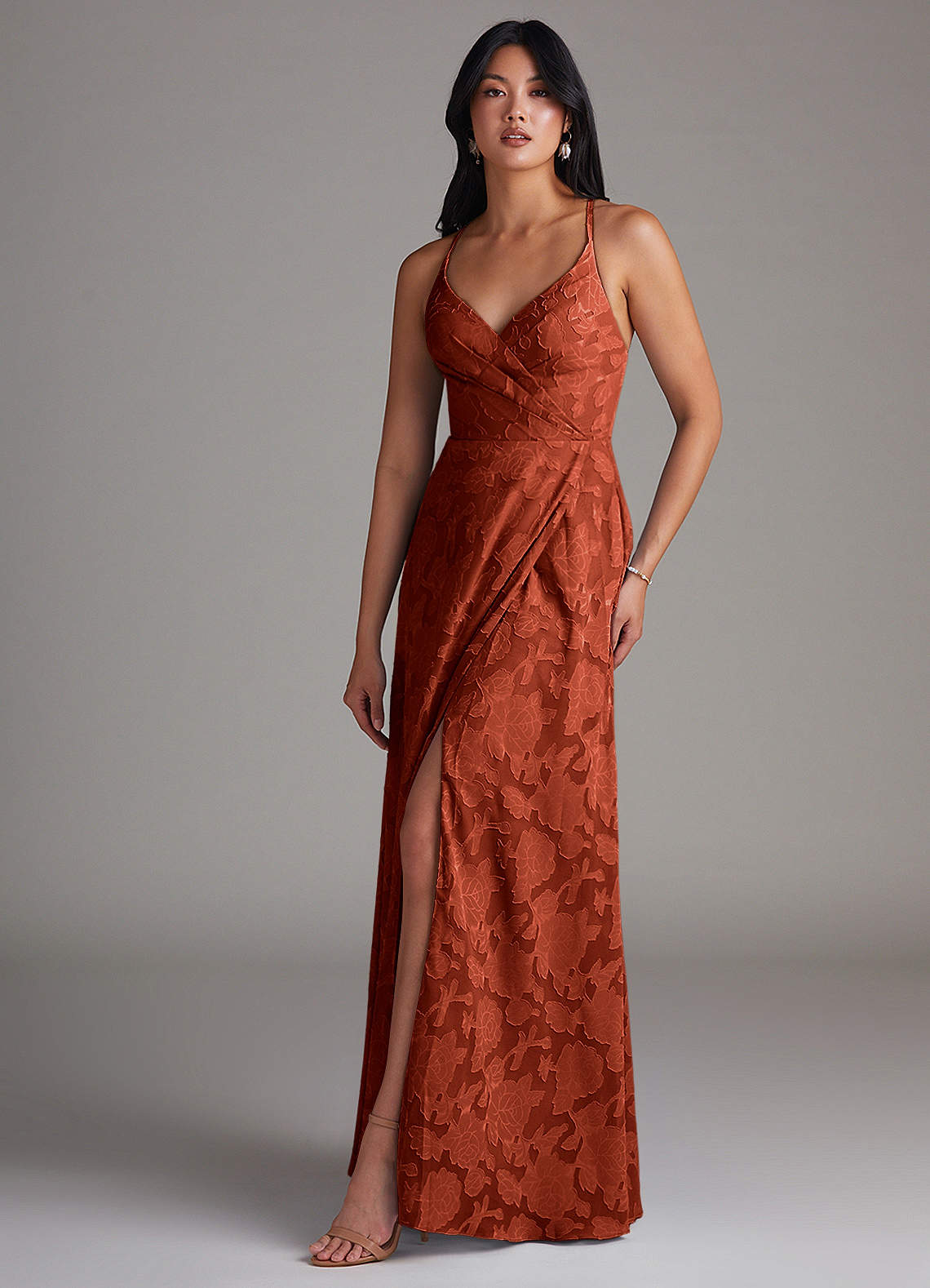 Azazie A-Line V-Neck Floor-Length Floral Burnout Bridesmaid Dresses - Auburn