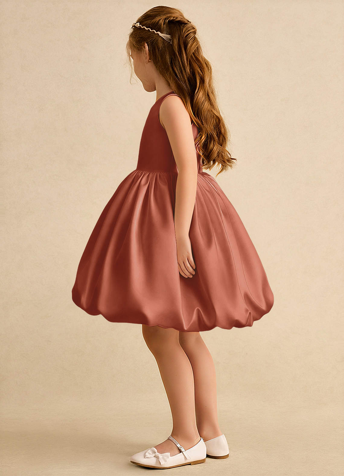 Azazie Nirvana Robe Demoiselle D'honneur Fillette Robe Princesse en Mat Satiné Rayé Auburn image3