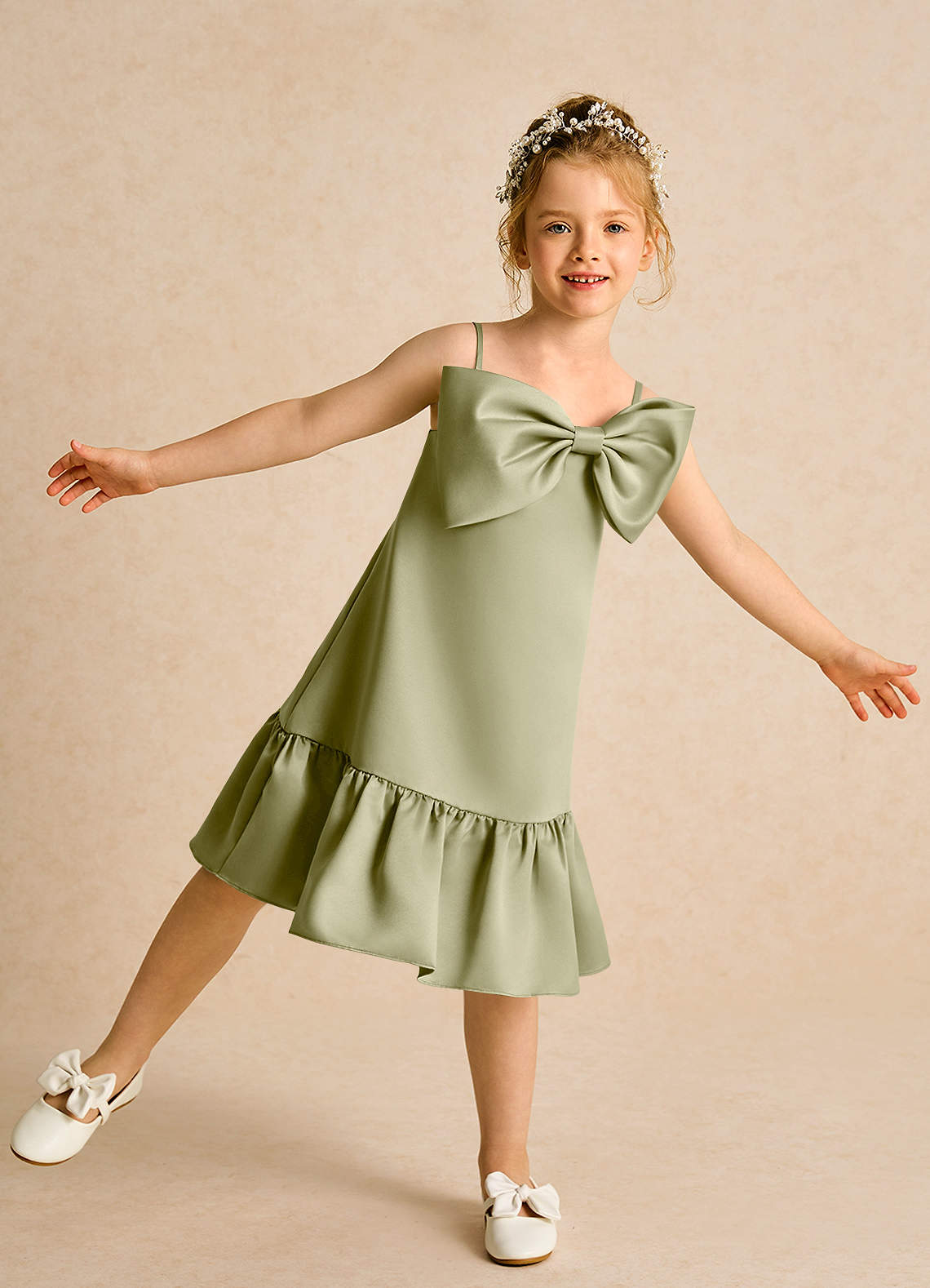 Azazie Kiwi Flower Girl Dresses Moss Green A-Line Spaghetti Strap Matte Satin Dress image1