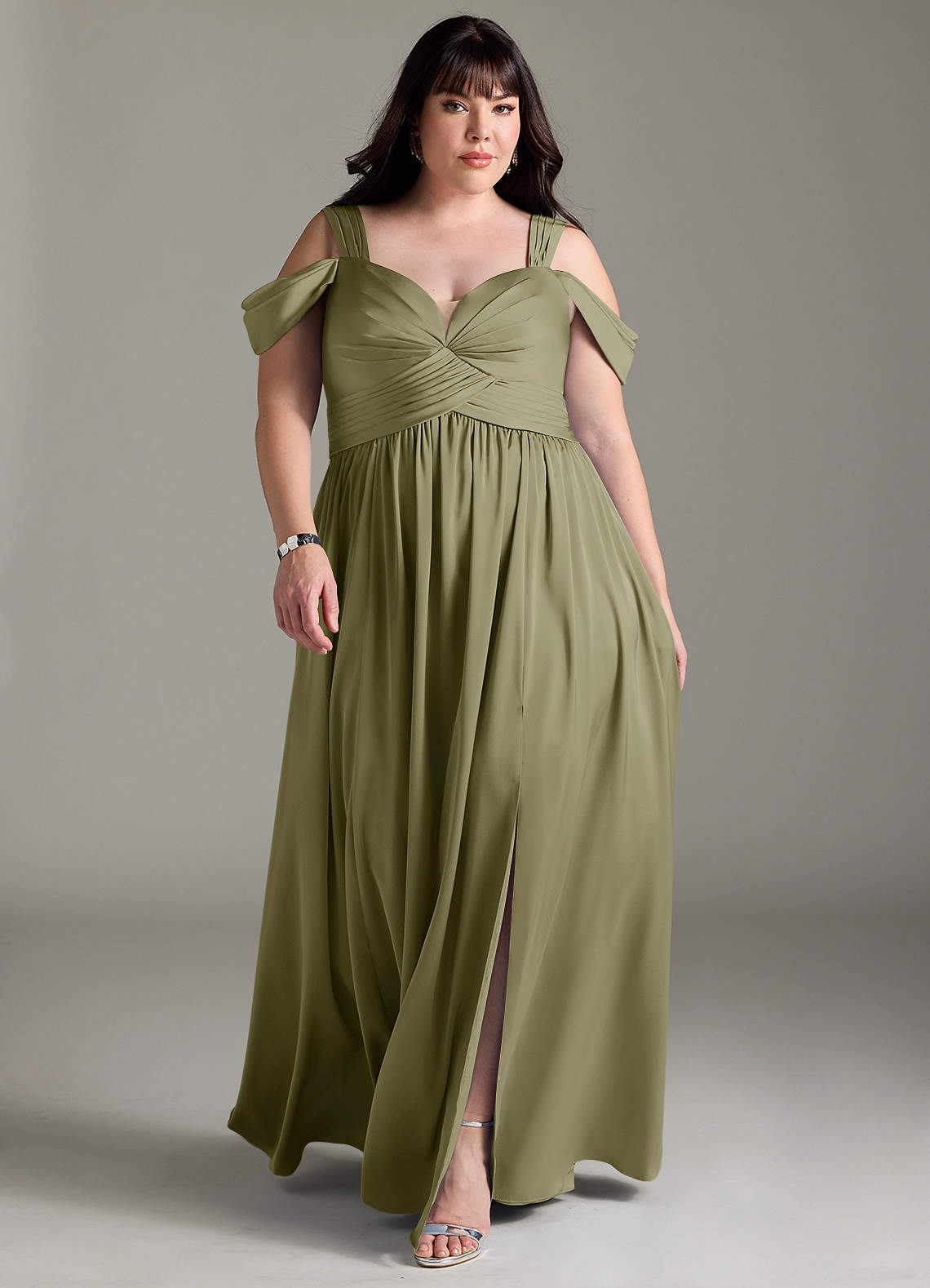 Azazie Lianne Bridesmaid Dresses Pistachio A-Line Off the Shoulder Stretch Satin Dress image1