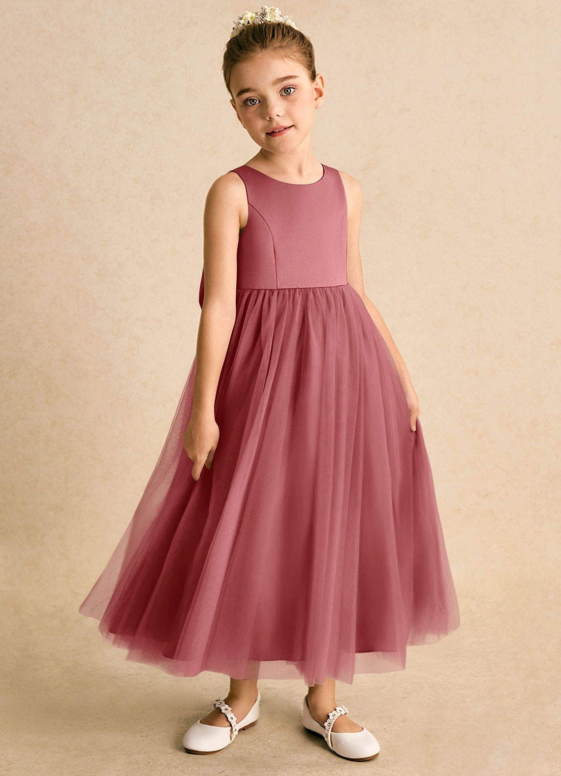Azazie Solia Robe Demoiselle D'honneur Fillette Robe Princesse en Tulle Arc Antique Rose image3