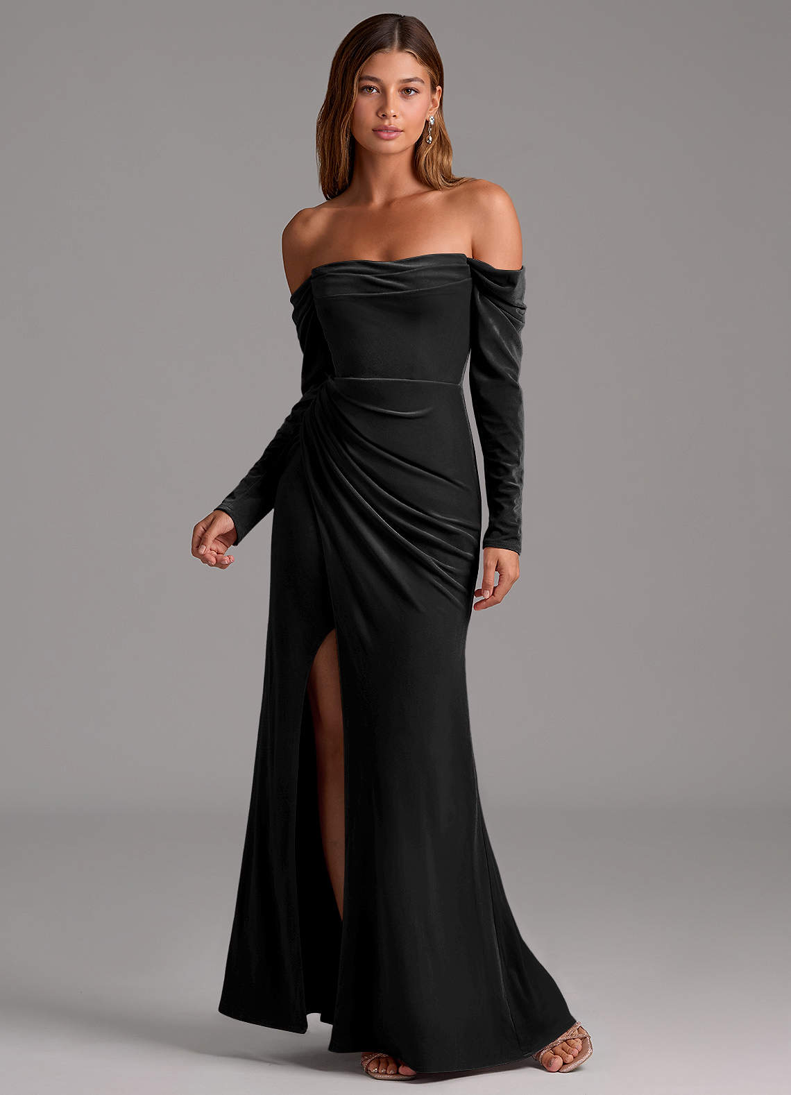 Azazie Hallie Bridesmaid Dresses Black Mermaid Long Sleeve Velvet Convertible Dress image3