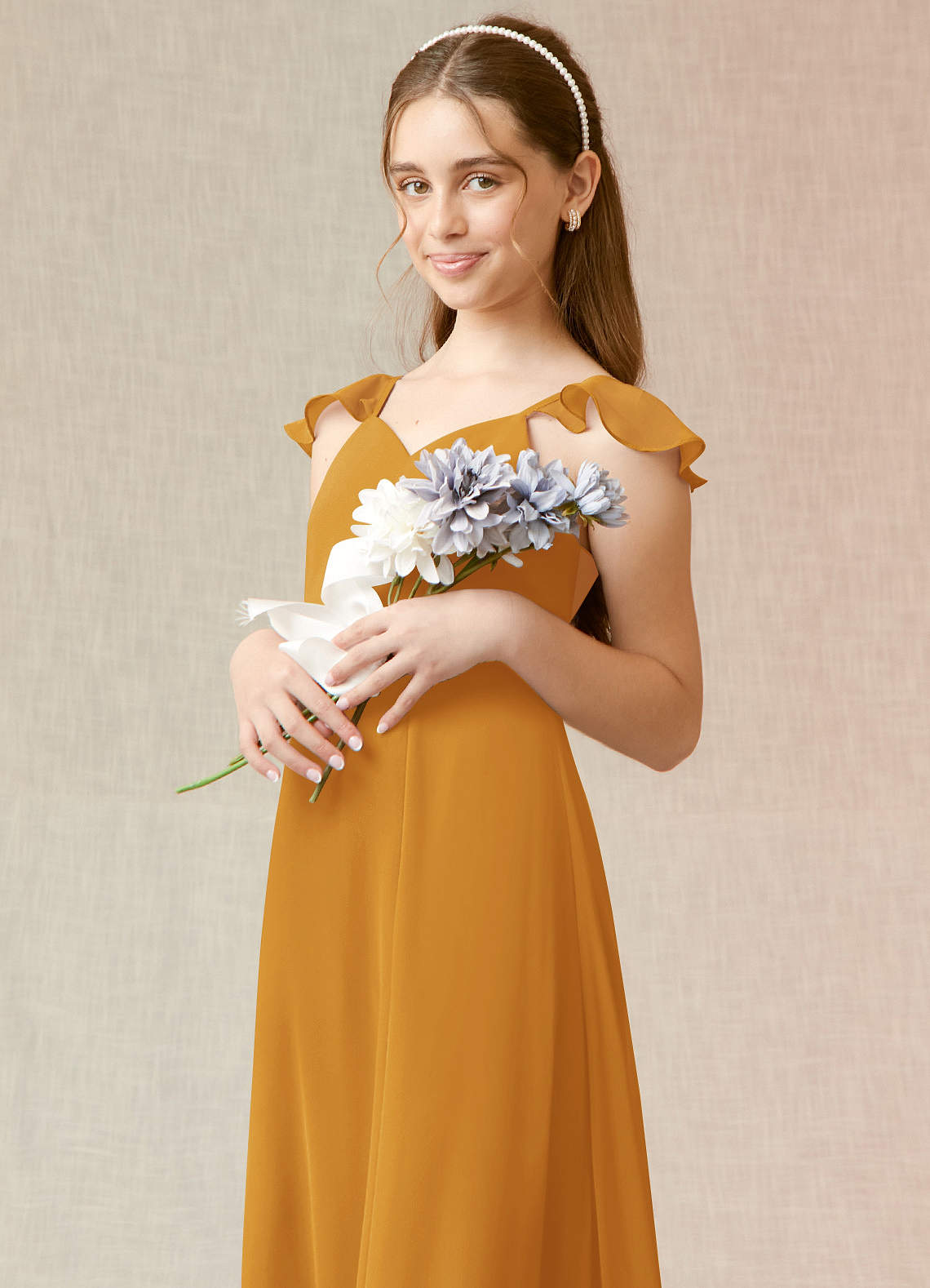 Yellow Bridesmaid Dresses Mustard Yellow Flower Girl Dress Azazie  A-Line/Princess V-Neck Floor-Length Chiffon Junior Bridesmaid Dresses  Butterscotch