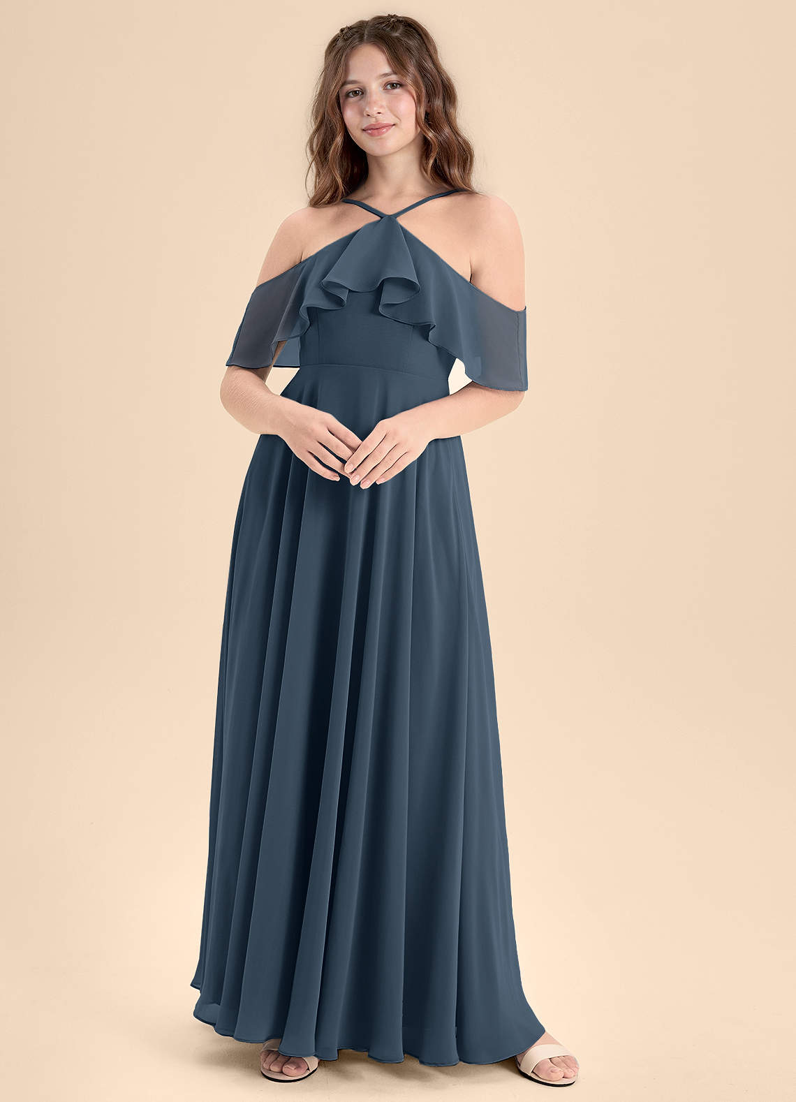 Azazie A-Line/Princess Off The Shoulder Floor-Length Chiffon Junior Bridesmaid Dresses - Neptune