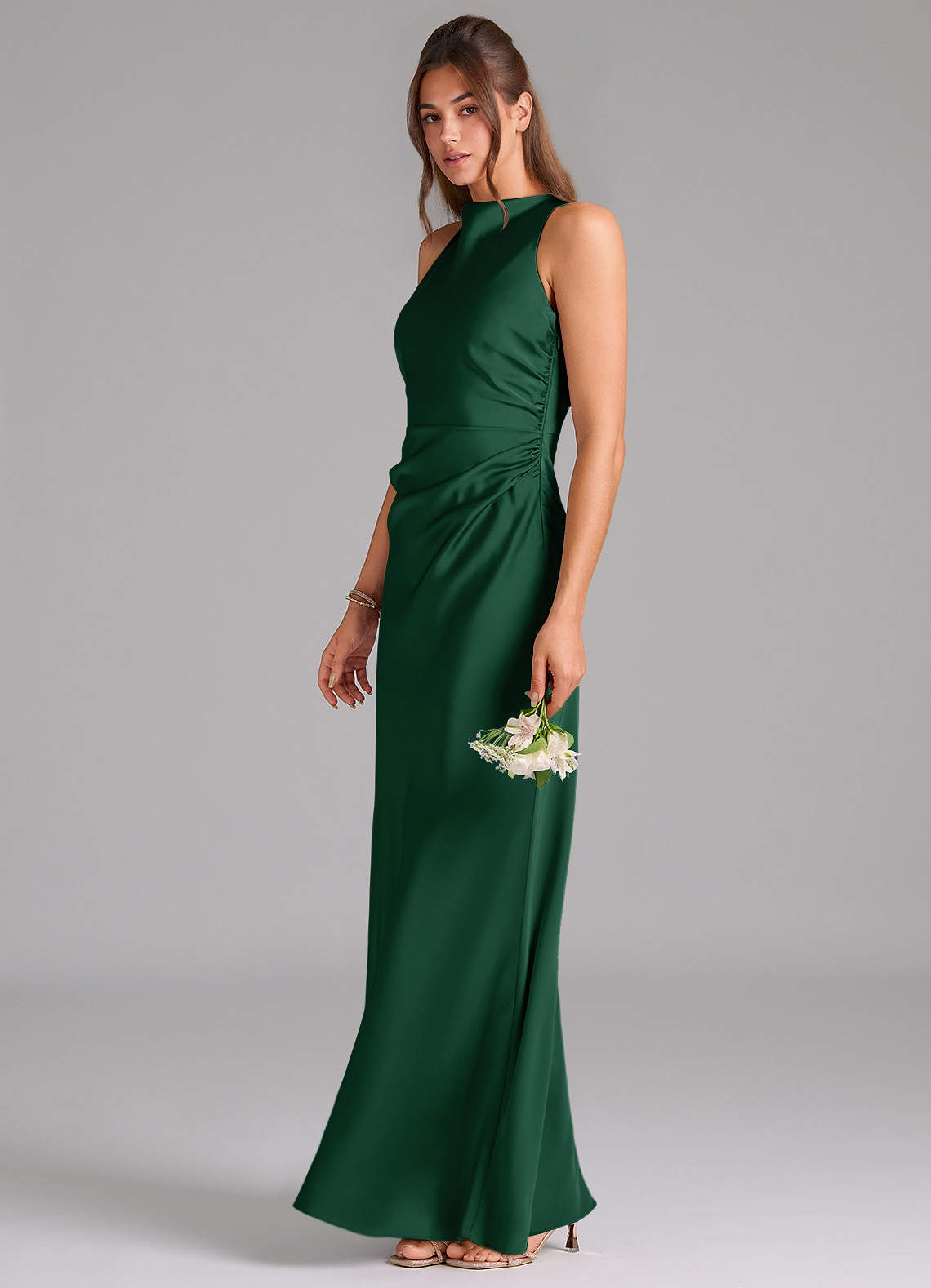 Azazie Evadne Bridesmaid Dresses Dark Green A-Line Pleated Stretch Satin Dress image1