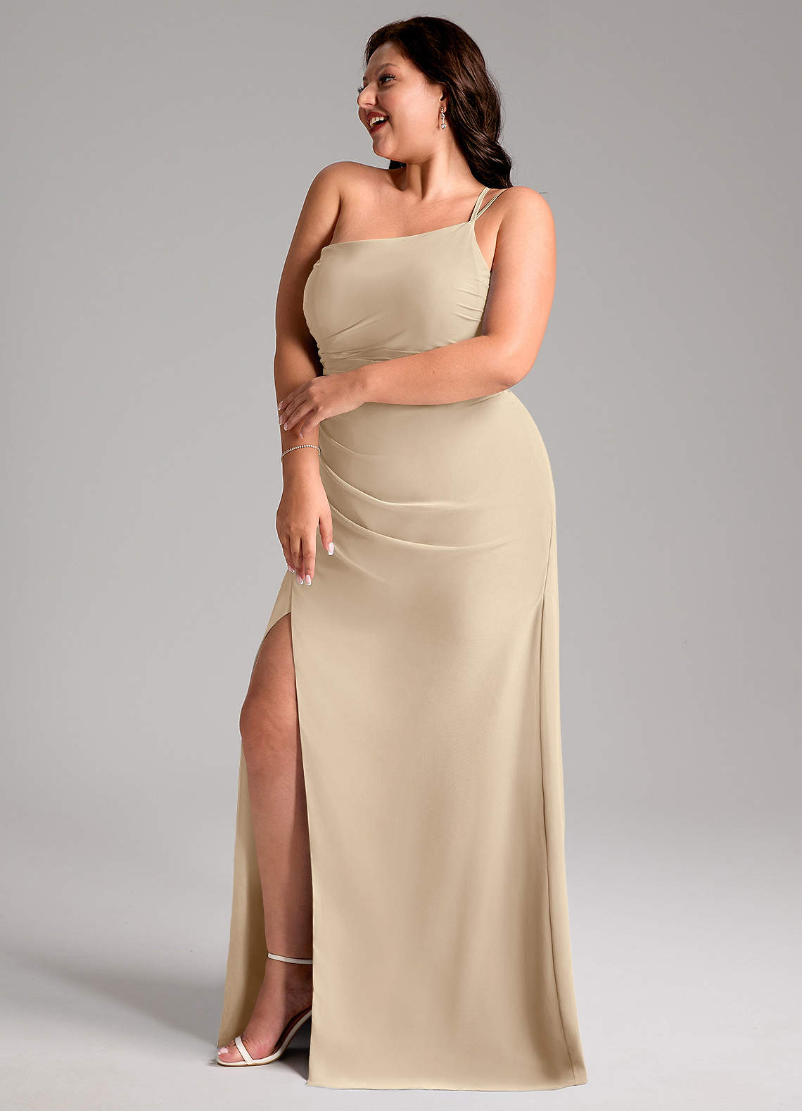Azazie Eren Jurken voor bruidsmeisjes Jurk van Chiffon met Kolom One-Shoulder Champagne image10