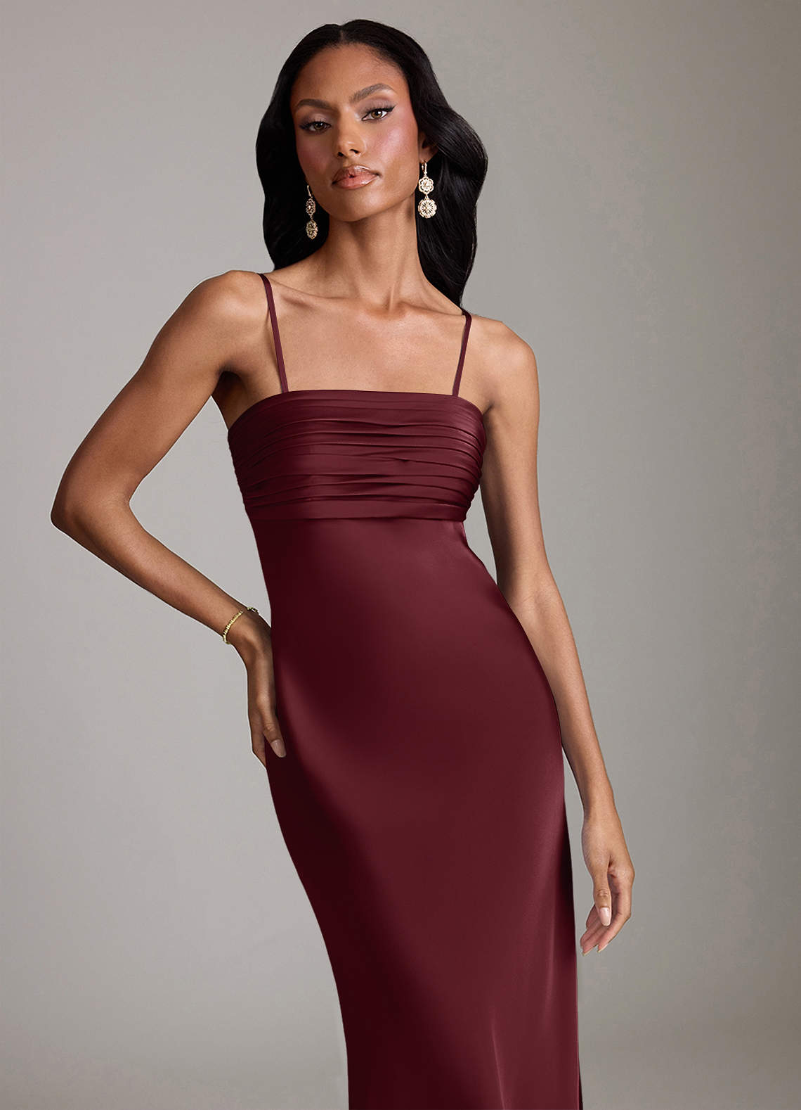 Azazie Saylor Vestidos de damas de honor Vestido de Cabernet de Satén Elástico de Corte Sirena con Sin tirantes image2