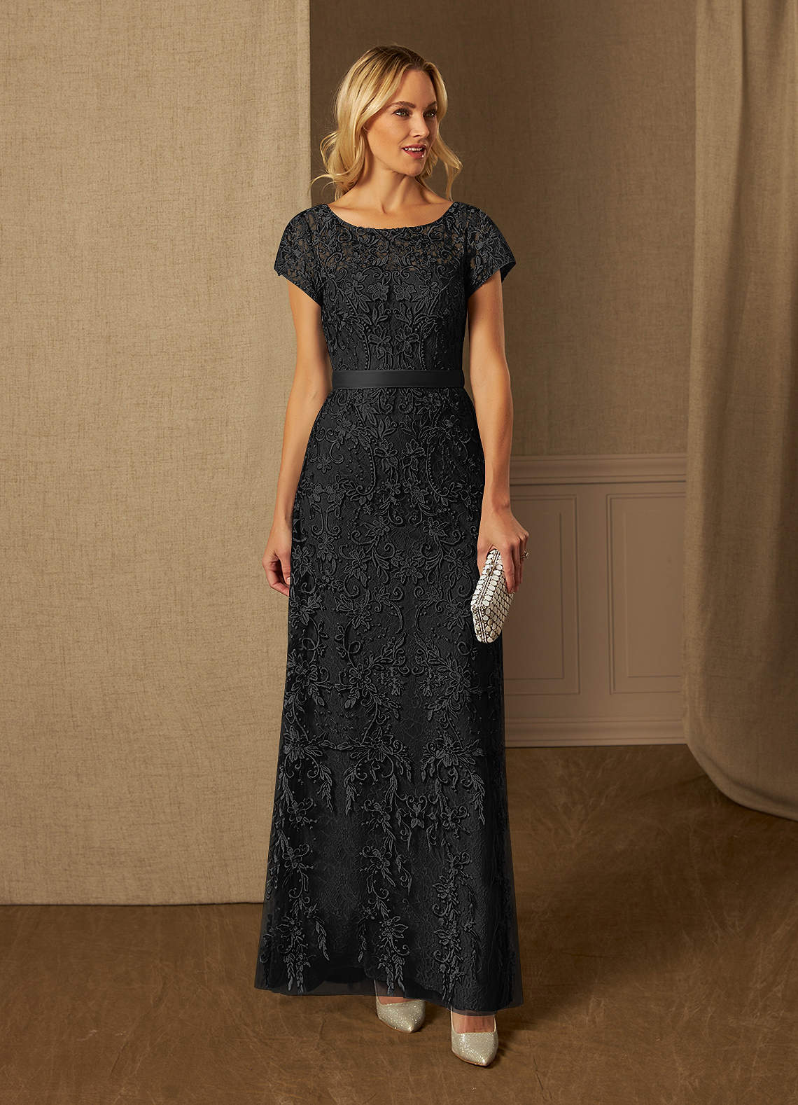 Azazie Dorit Mother of the Bride Dresses Black Sheath Scoop Lace Dress image1