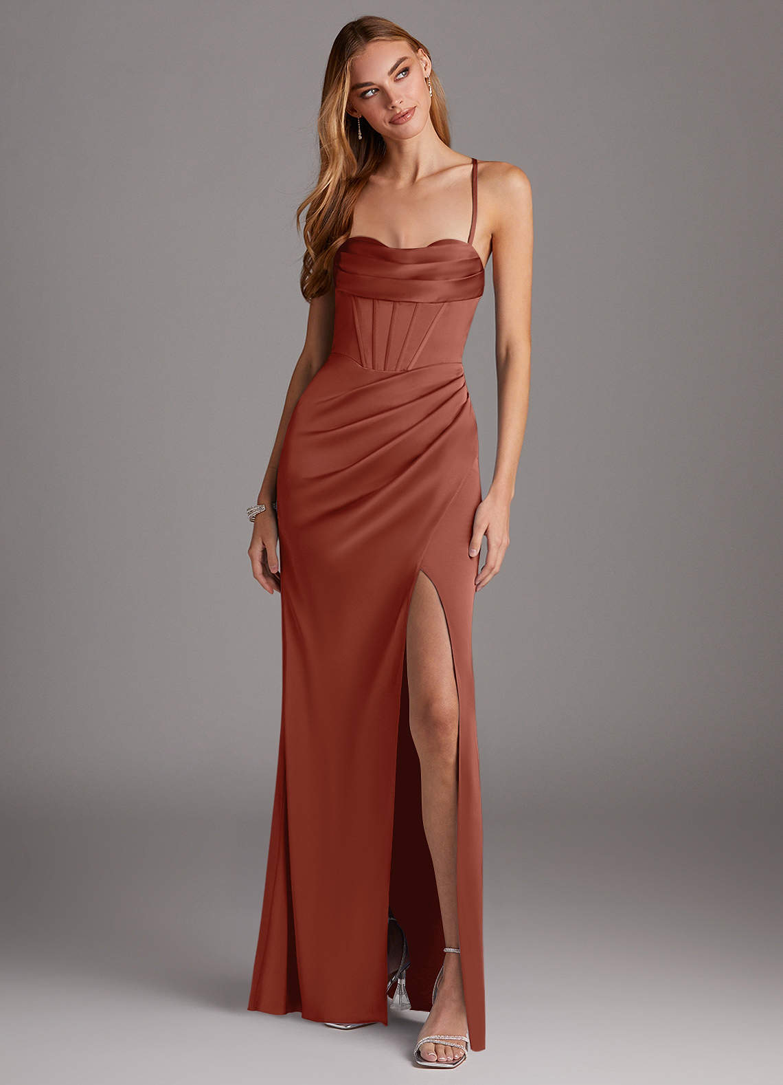Azazie Brookelle Auburn Stretch Satin Bridesmaid Dresses | Azazie Azazie Brookelle Auburn Stretch Satin Bridesmaid Dresses | Azazie