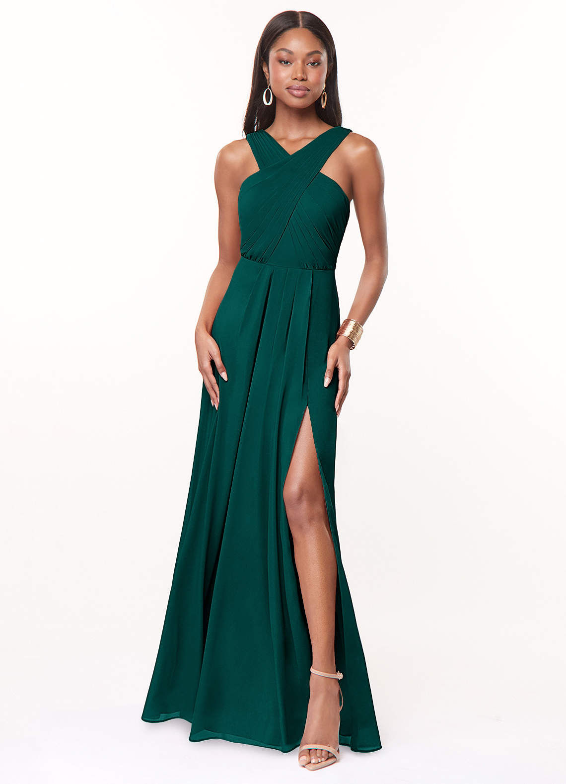 Azazie Brandie Vestidos de damas de honor Vestido de Pino de Chifón elástico de Corte en A con Plisado image1