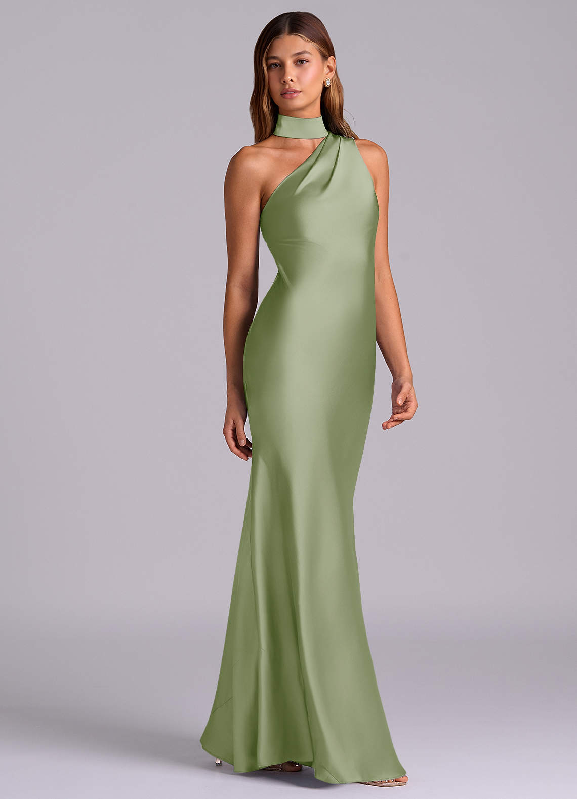 Azazie Seona Klänningar att prova hemma Klä av Sjöjungfru i Stretch Satin Ena axeln Dusty Sage image4