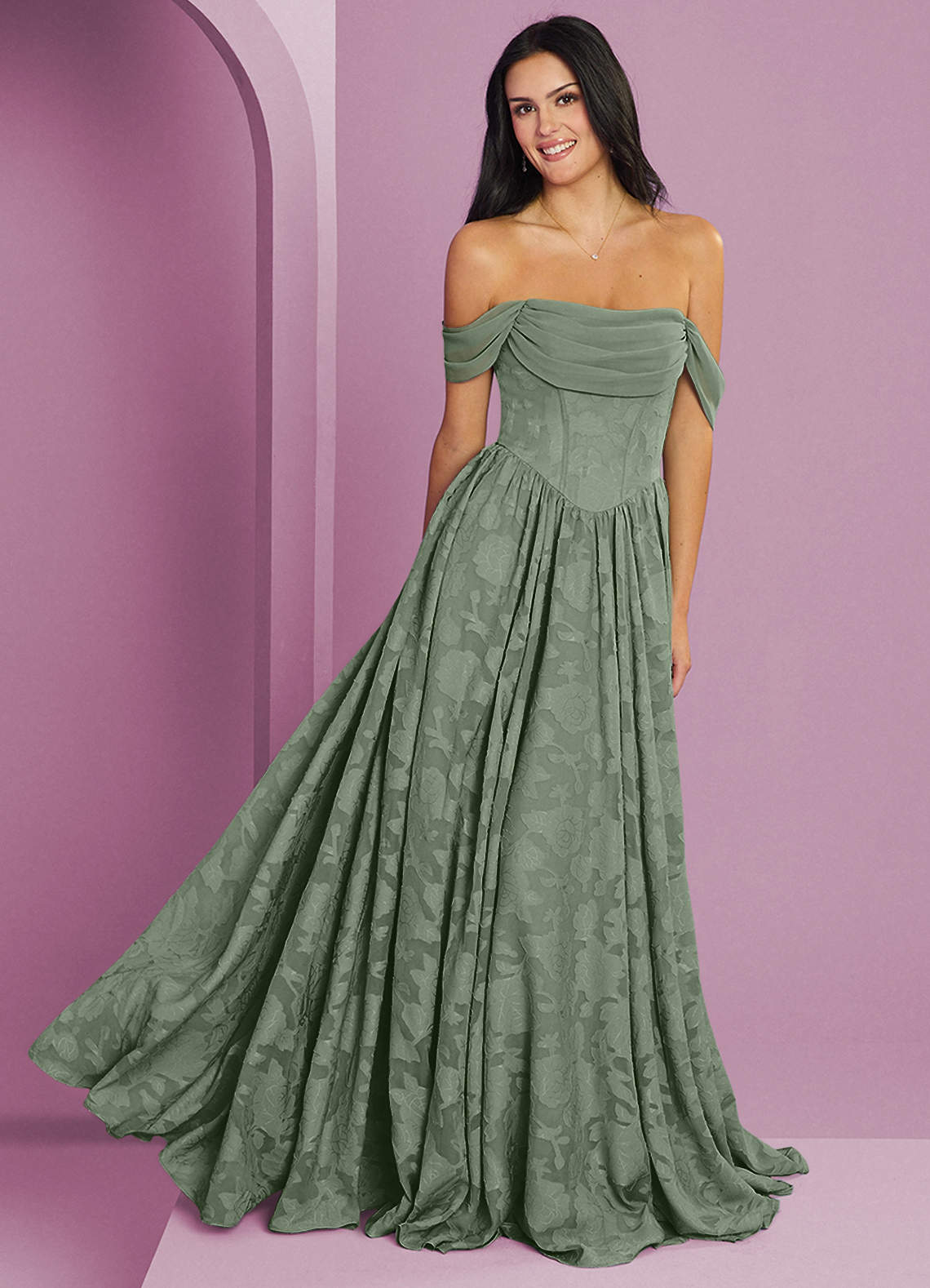 Barbie ♥ Azazie Bridesmaid Dresses Matcha A-Line Off the Shoulder Floral Burnout Convertible Dress image1