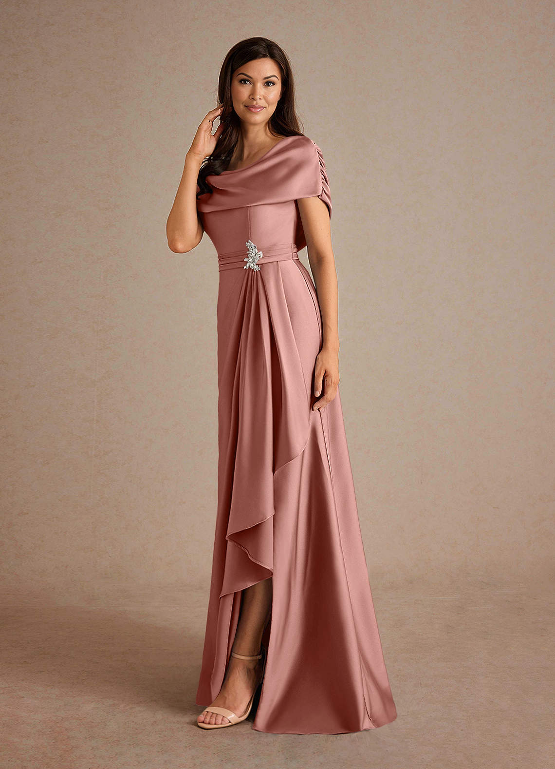 Azazie Branford Mother of the Bride Dresses Rosette A-Line Pleated Stretch Satin Dress image1