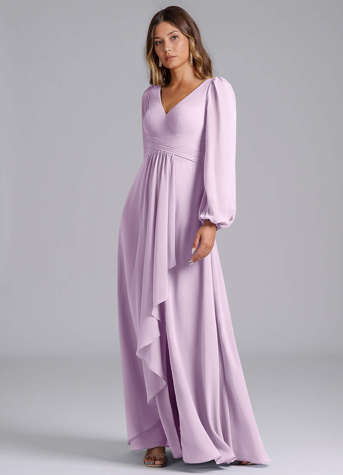 frosted lilac bridesmaid dresses Azazie A-Line V-Neck Long Sleeve Floor-Length Chiffon What Color Nails with Dreamy Sizes In Stock:AU M/10 Long sheer puff sleeves