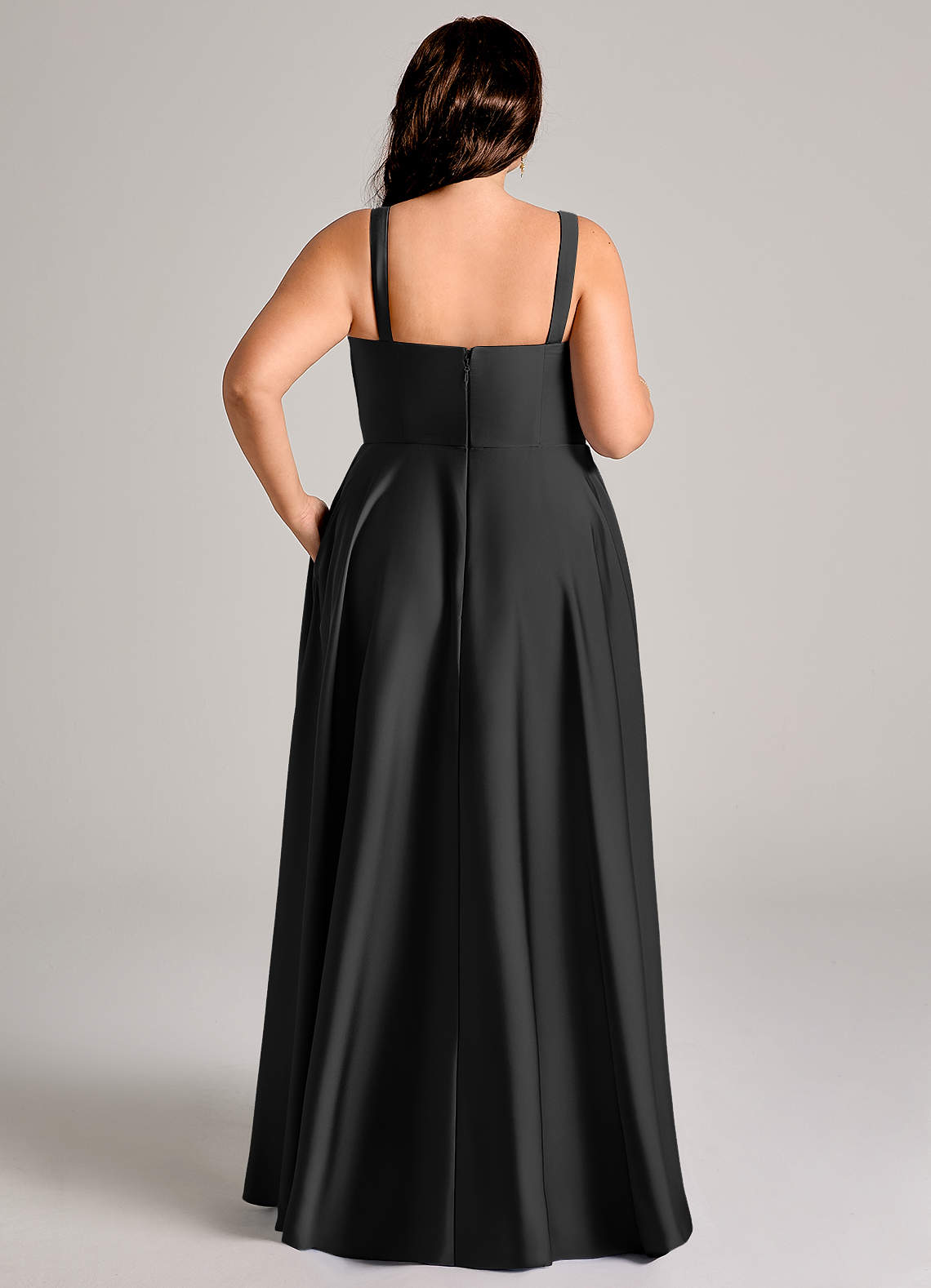 Azazie Shaude Bridesmaid Dresses Black A-Line Pleated Stretch Satin Dress image12