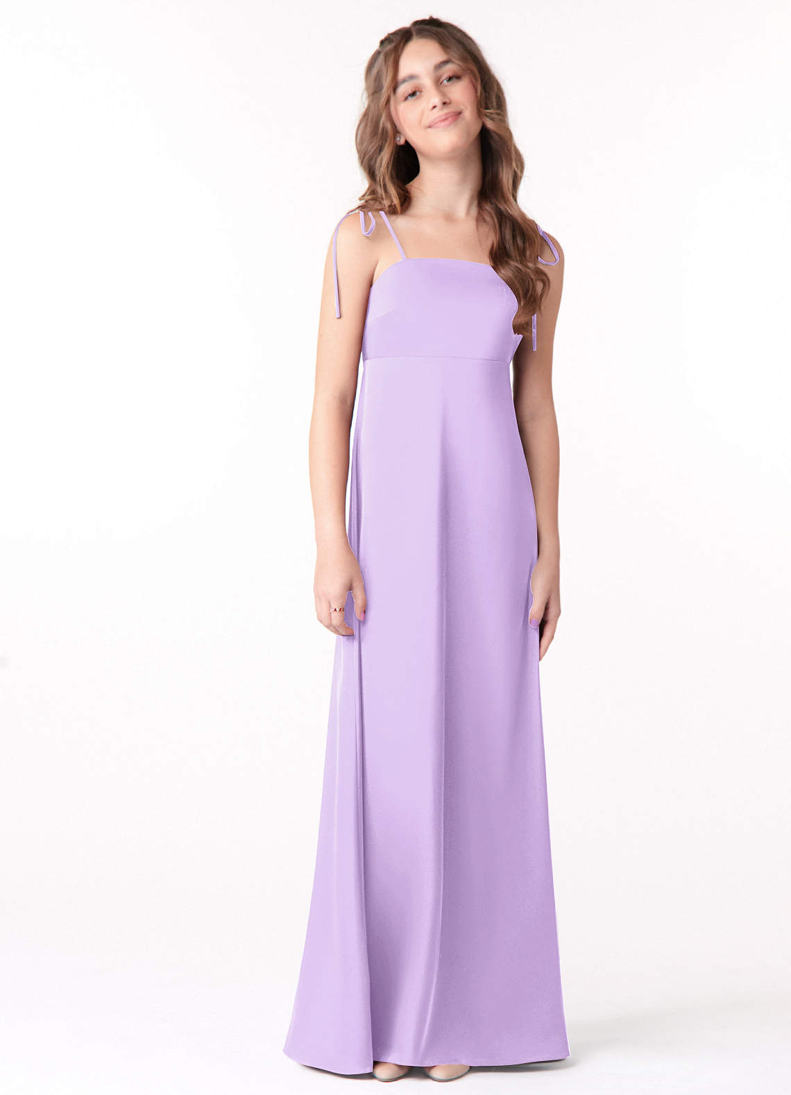 Azazie Violeta Junior Lilac A-Line Bow Stretch Satin Dress image1