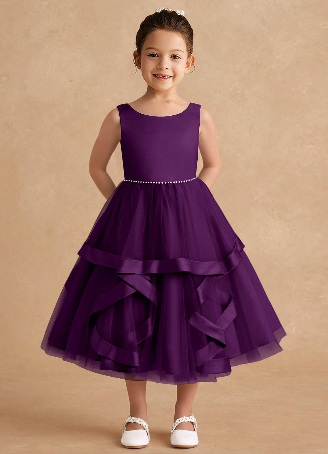 Azazie Posy Flower Girl Dresses Grape A-Line Beaded Tulle Dress image1