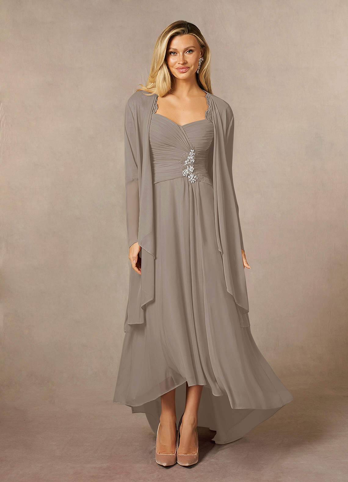 Azazie Anne Mother of the Bride Dresses Taupe Sheath Sweetheart Sequins Lace Dress image1