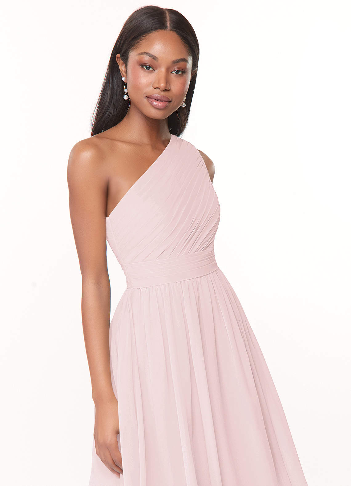 Azazie Katrina Bridesmaid Dresses Blushing Pink A-Line One Shoulder Chiffon Dress image4