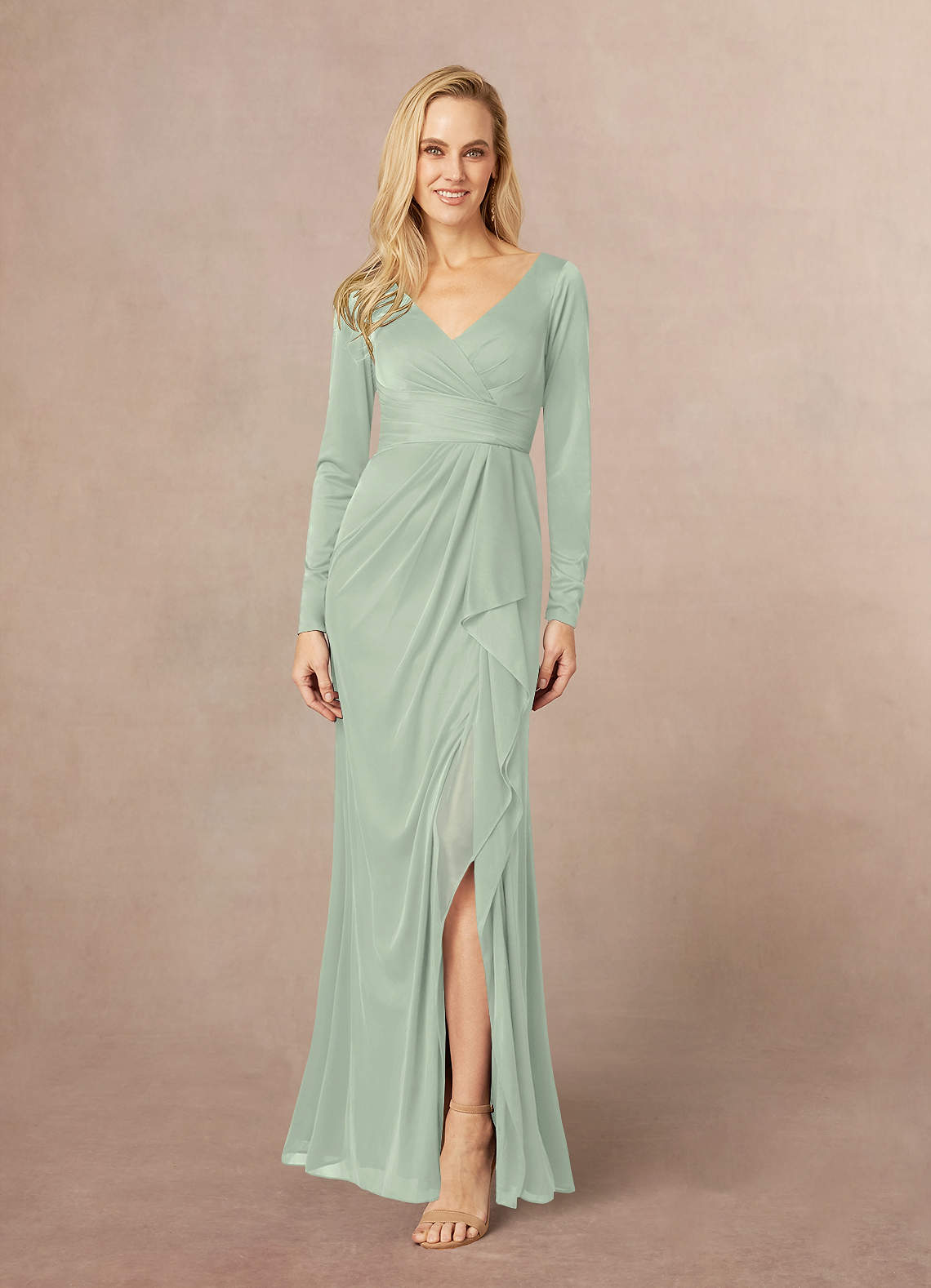 Azazie Risa Mother of the Bride Dresses Dusty Sage Mermaid V-Neck Pleated Mesh Dress image1